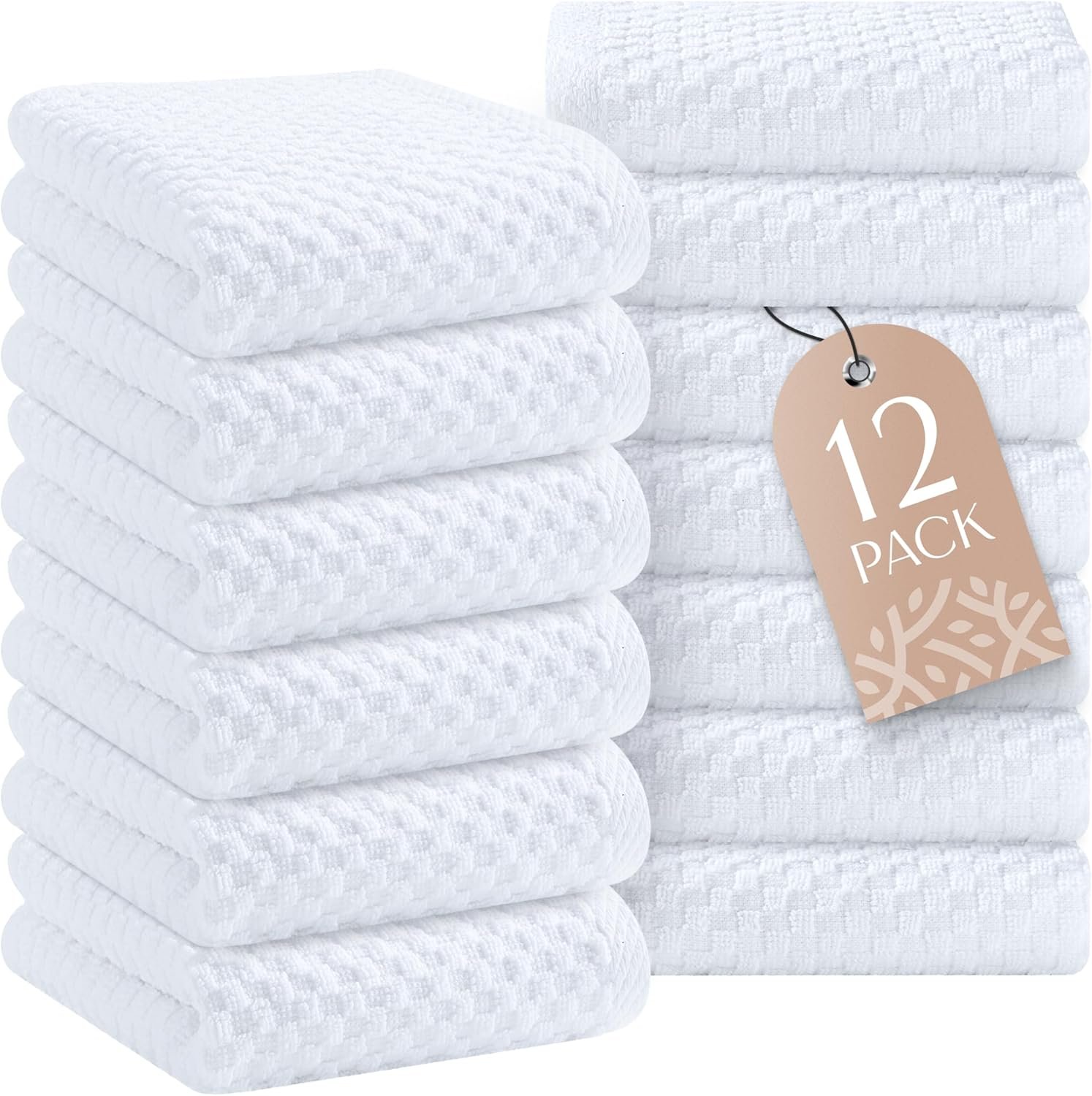Super Absorbent Kitchen Towels 12 Pack – Premium 100% Cotton Kitchen Towels, 450GSM Thick Machine Washable White Dish Towels for Kitchen Drying, Cleaning, Dobby Weave, Unmatched Quality