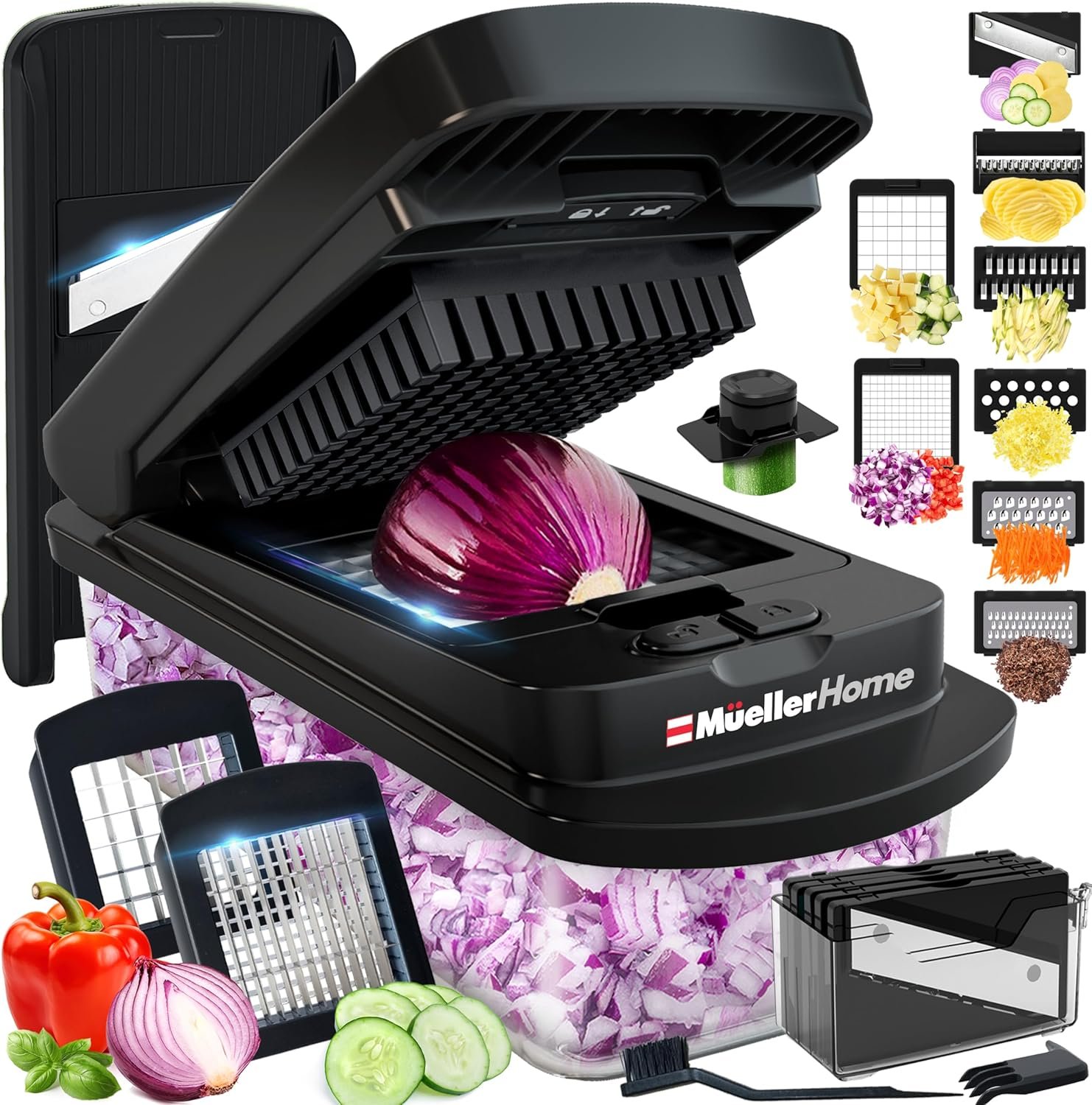 MUELLER HOME Pro-Series 10-in-1, 8 Vegetable Chopper & Mandoline Slicer | Food-Prep Tool, Fruit Cutter, Dicer, Veggie Chopper with Container, Kitchen Essentials, House Warming Gifts New Home, Black