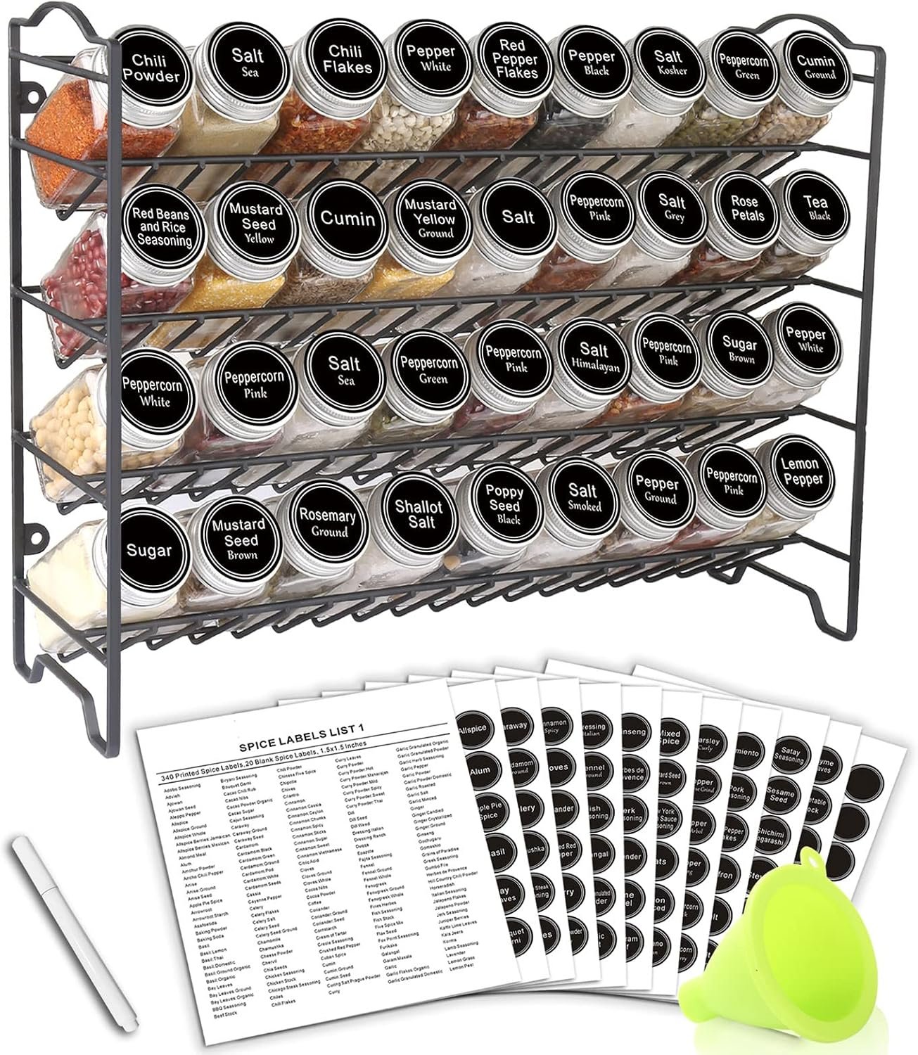 SWOMMOLY Spice Rack Organizer with 36 Spice Jars 4 oz, 396 Spice Labels | Chalk Marker, Funnel Set, Spice Organizer for Cabinet, Countertop, Pantry, Cupboard & Wall Mount, 16.5″ W × 12.6″ H, Black
