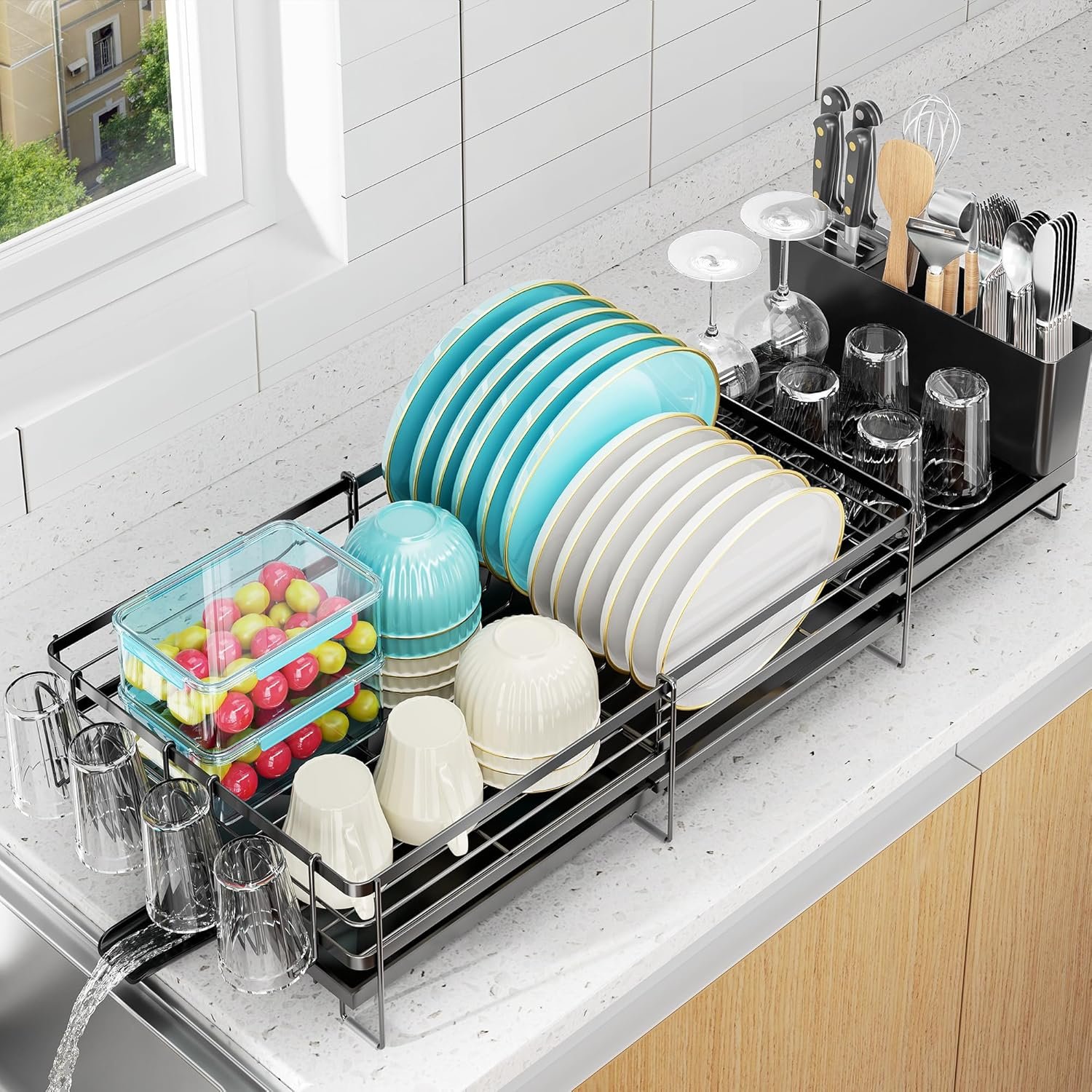 Large Dish Drying Rack, Expandable Dish Rack for Kitchen Counter, Dish Drainer with Drainboard Set, Multifunctional Dishrack with Utensil & Cup Holder, 13.4″-28.7″ L x 11.8″ W x 7.8″ H, Black