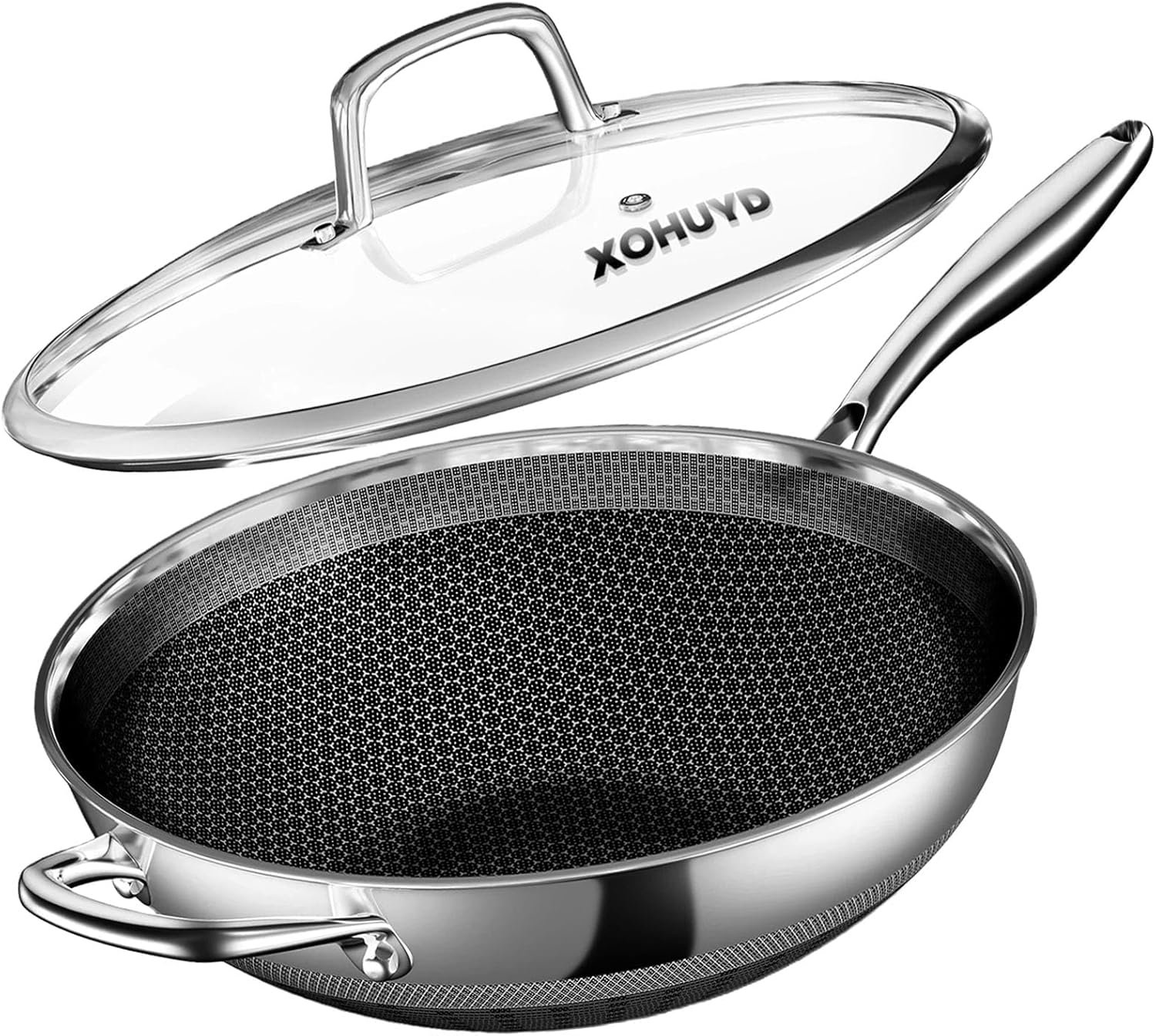 Wok Pan, 13-Inch Stainless Steel Woks & Stir-Fry Pans Nonstick, Wok Pan with Lid for Induction, Hybrid，Electric, Gas, Halogen, All Stoves, Professional PFOA Free Cookware, Dishwasher & Fast Heat