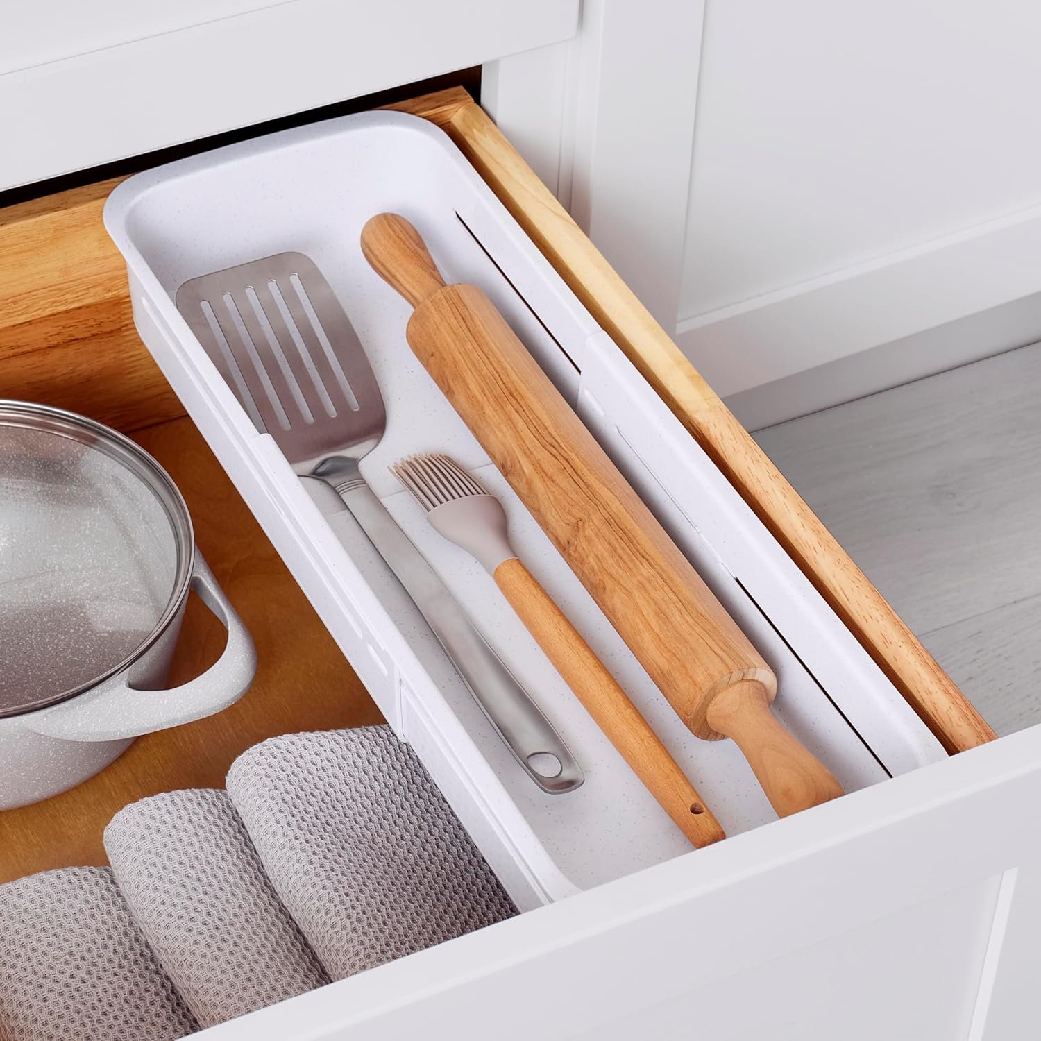 YouCopia DrawerFit® Sliding Drawer Bin, Expandable and Adjustable Kitchen Storage Organizer, Speckled White
