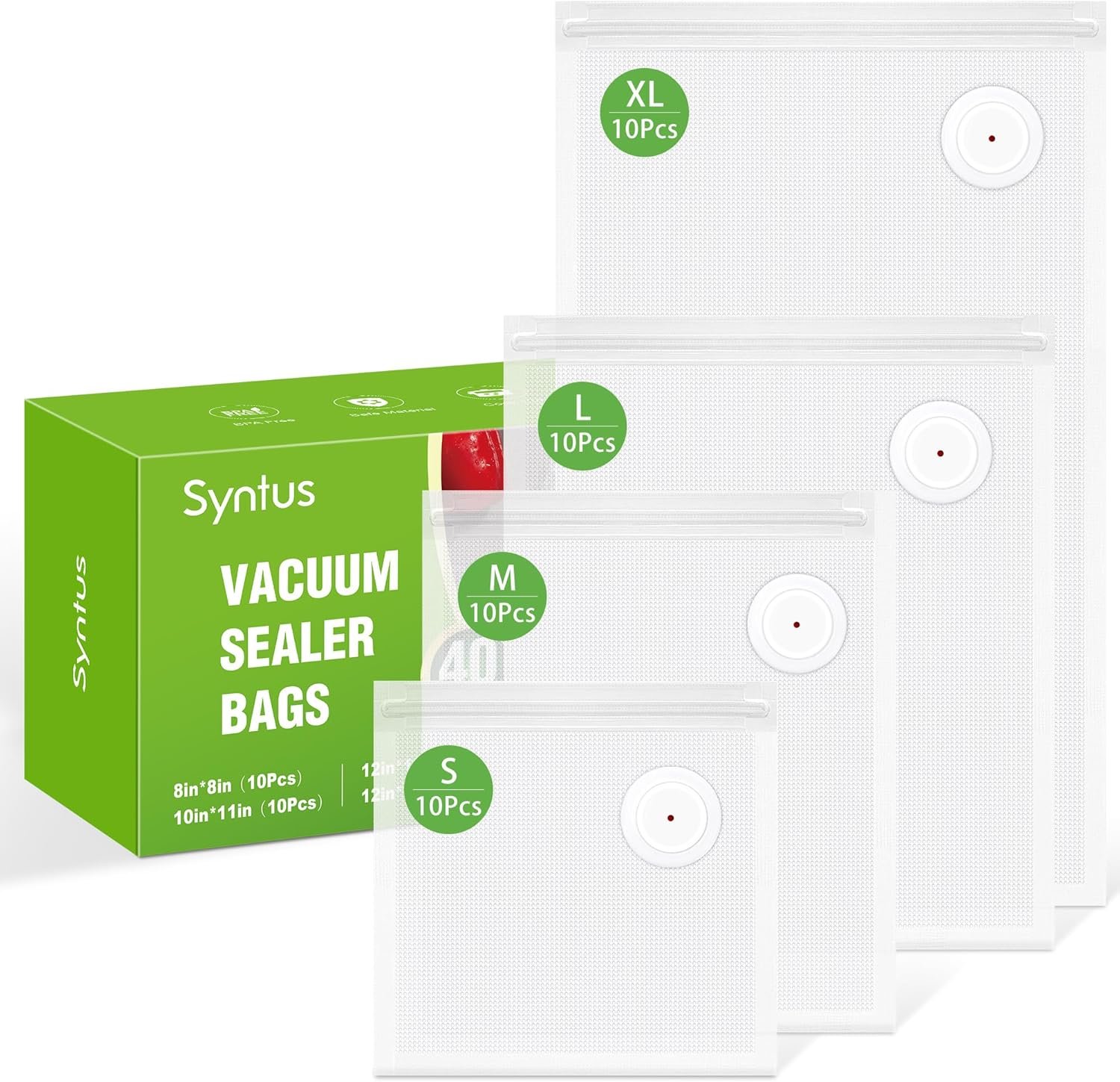 Syntus 40 Pcs Reusable Vacuum Sealer Bags for Food, S+M+L+XL | 8×8+10×11+12×13+12×19, Upgraded Air Valve, Microwave Freezer Sous Vide, Food Storage, Leak-Proof, for Compact Vacuum Sealer