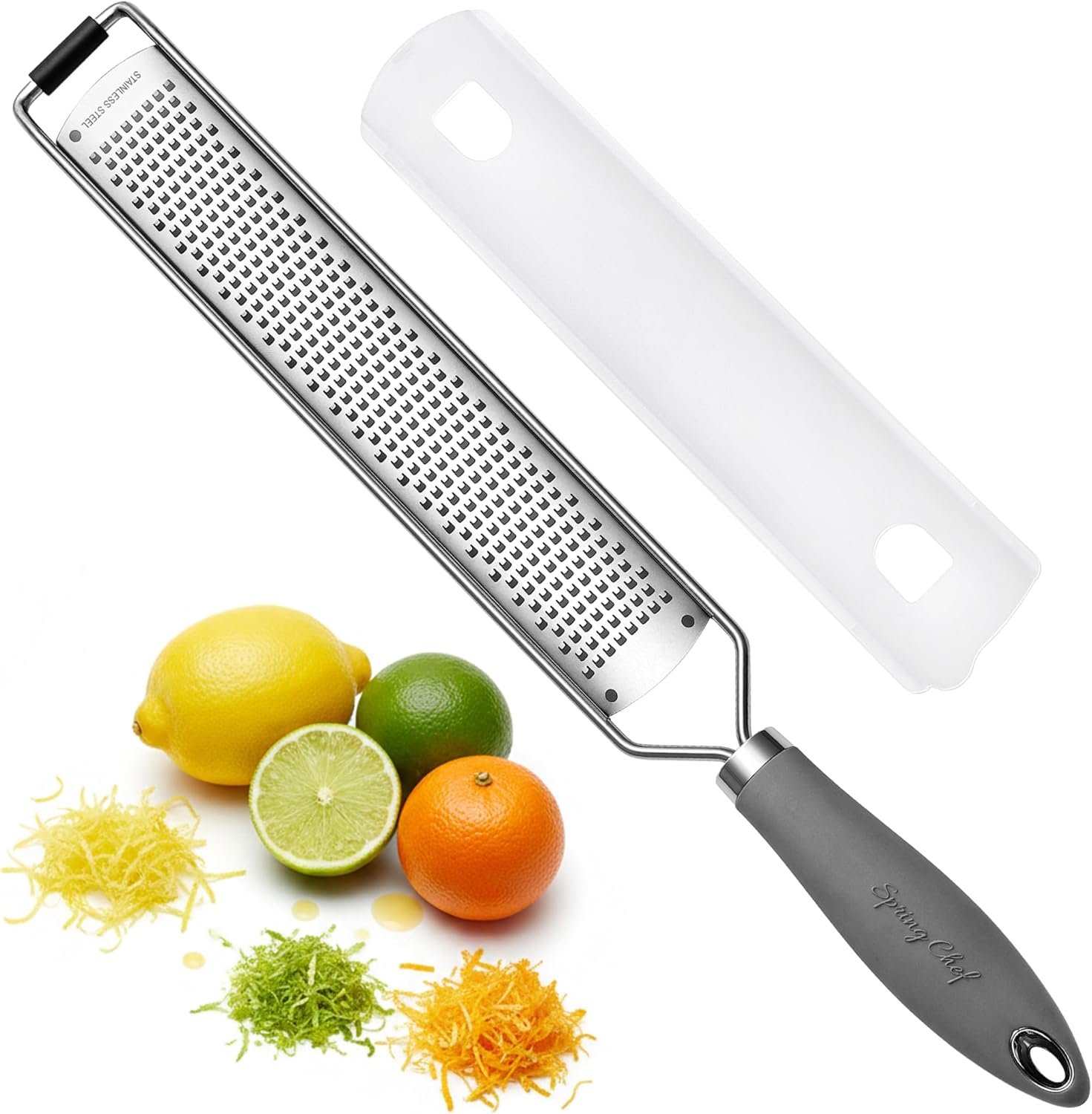 Spring Chef Stainless Steel Lemon Zester – Garlic & Ginger Grater – Gray | Premium Zester with Rustproof Blade, Cheese Grater with Handle for Parmesan, Nutmeg, Lime – Durable Citrus Zester, Fine Shred