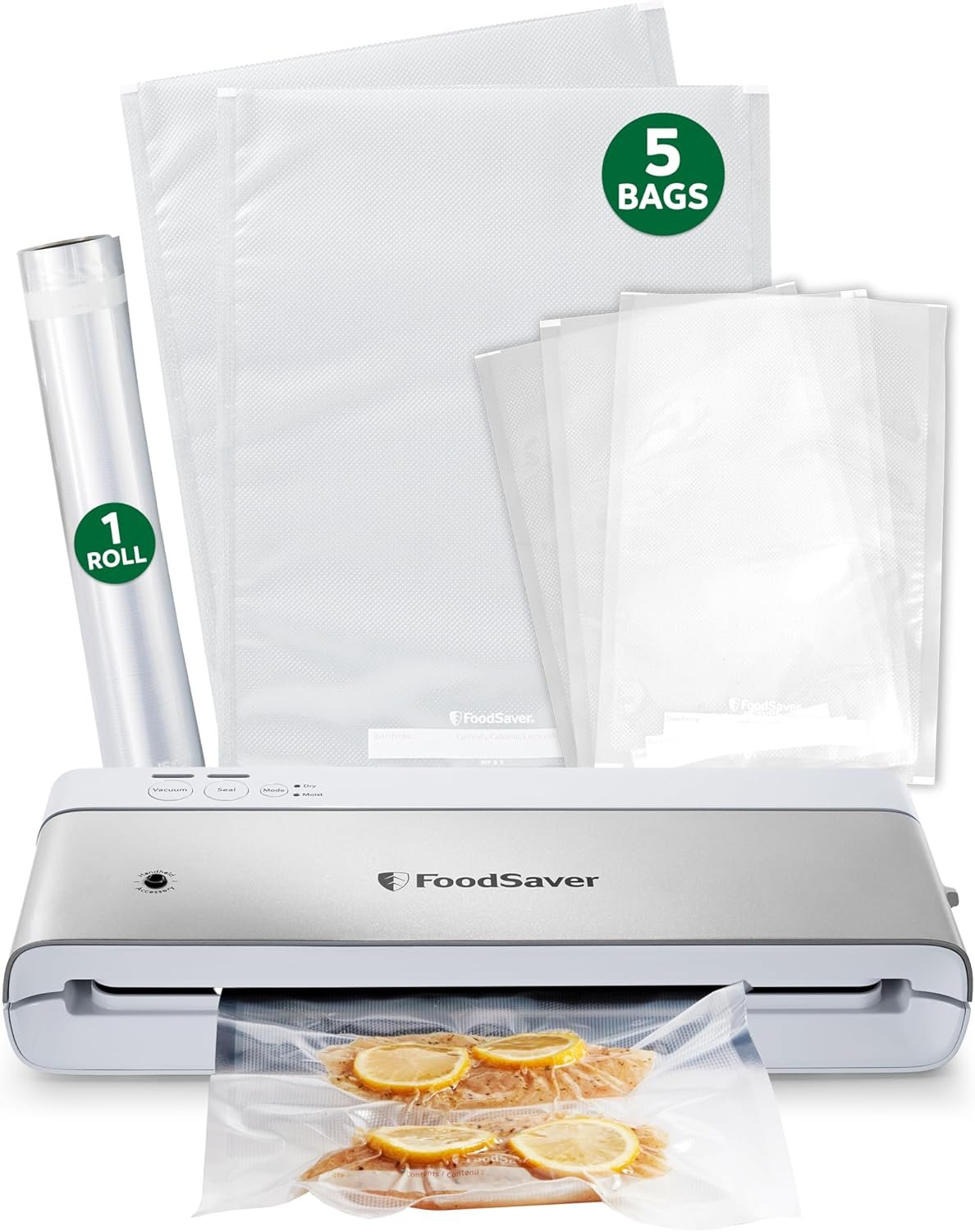 FoodSaver Compact Vacuum Sealer Machine with Airtight Bags and Roll – Ideal for Sous Vide and Airtight Food Storage, White