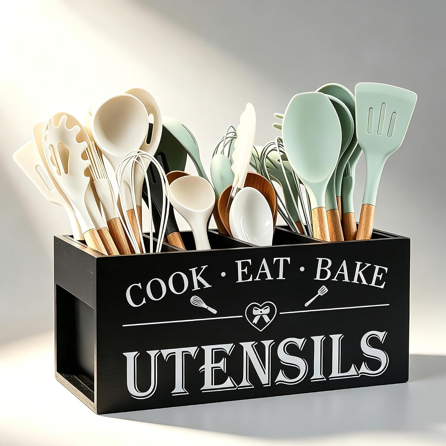 Utensil Holder,Extra Large Wooden Kitchen Utensil Holder Countertop | Hold 40 Utensils,Cooking Spatula Organizer,Big Storage Caddy with 4 Compartments Farmhouse Flatware Spoon Tool Cutlery（Black）