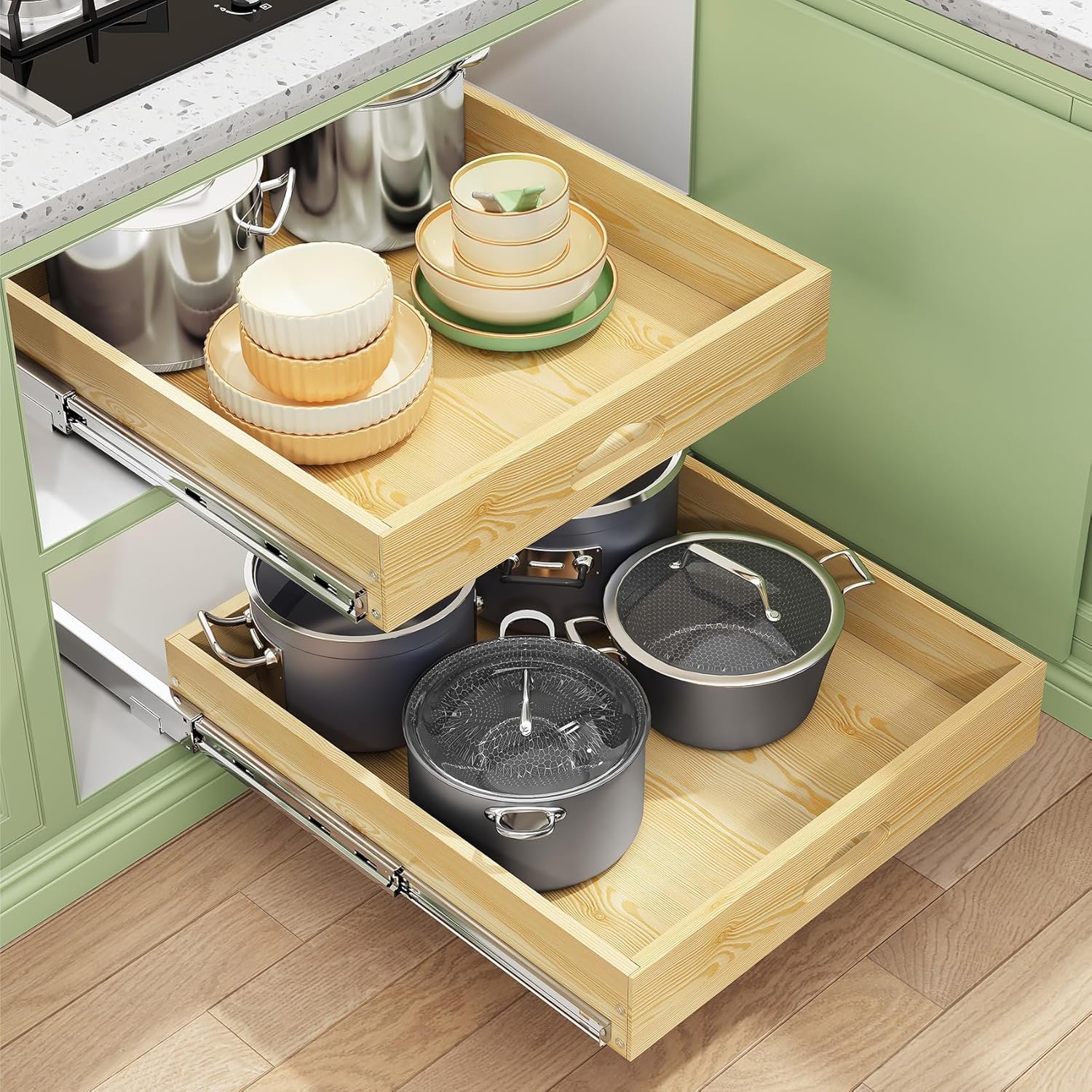 Pull Out Cabinet Organizer, Soft Close Wooden Slide Out Drawers for Pots and Pans, Full-extension Roll Out Shelves for Kitchen Cabinets, Pantry Organization, Bottom & Side Mount(15″W X 21″D x 3.4”H)