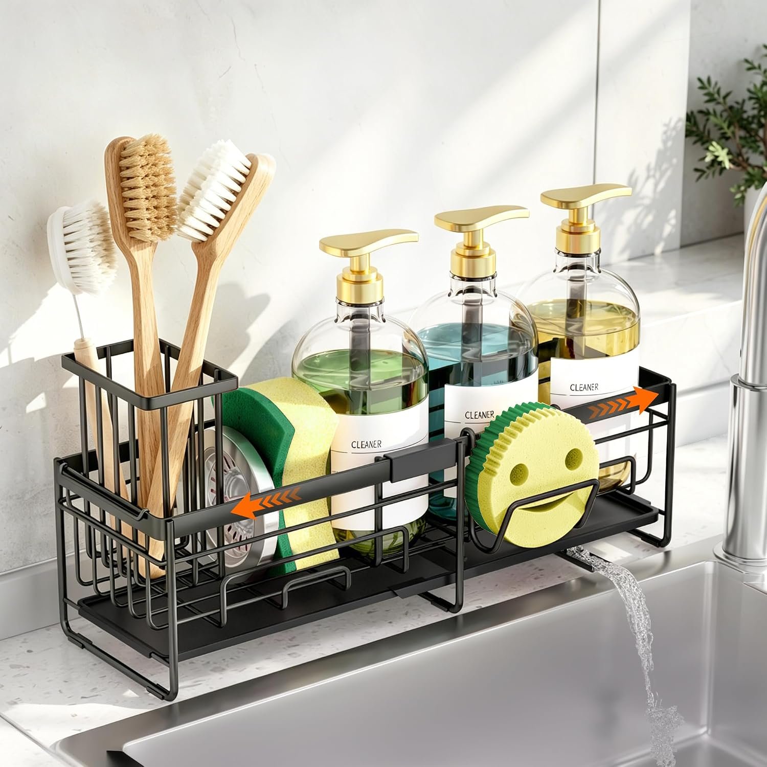 spospo Extendable Sponge Holder for Kitchen Sink Extra Large Sink Caddy | Adjustable Length Sink Caddy Organizer with High Brush Holder, Self-Draining Countertop Organizer