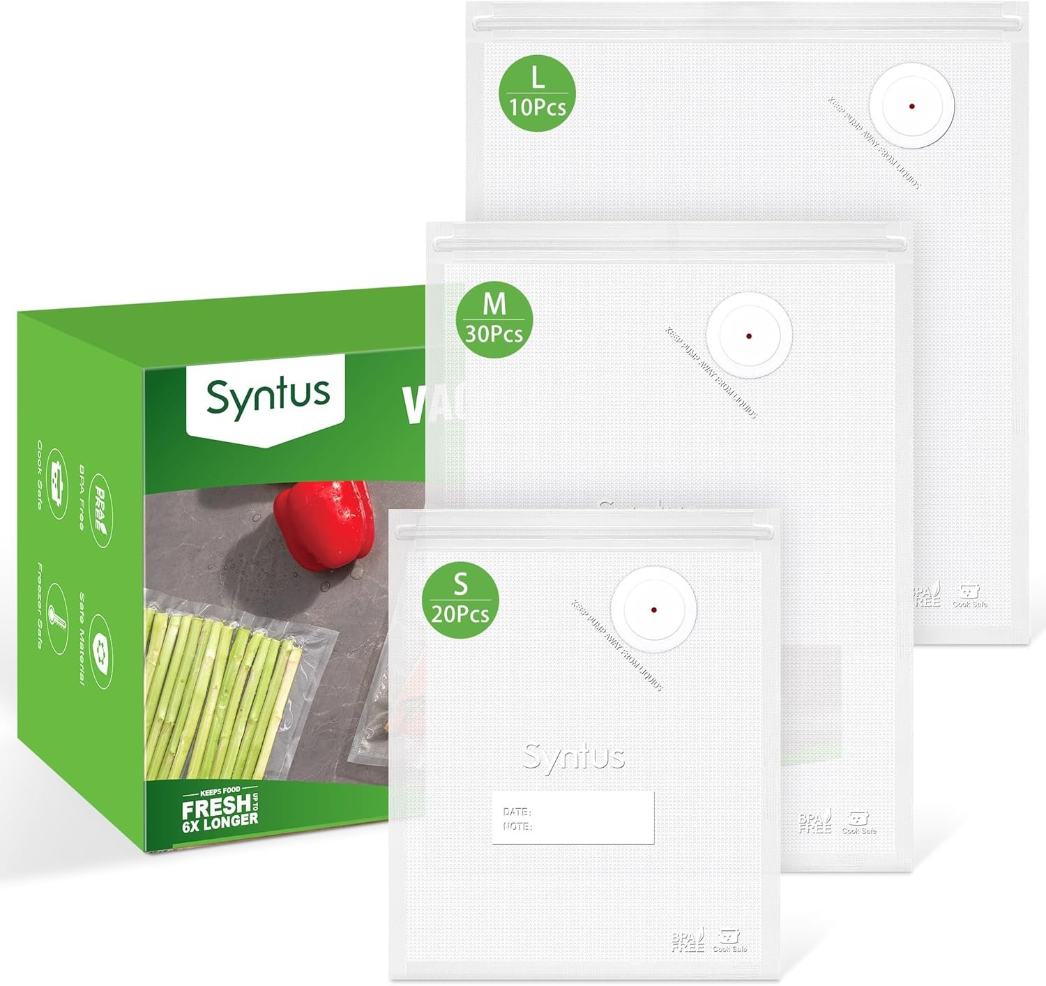 Syntus 60 Pcs Reusable Vacuum Sealer Bags for Food, S+M+L | 8×10+10×13.8+11.8×13.8, Upgraded Air Valve, Microwave Freezer Sous Vide, Food Storage, Leak-Proof, for Compact Vacuum Sealer