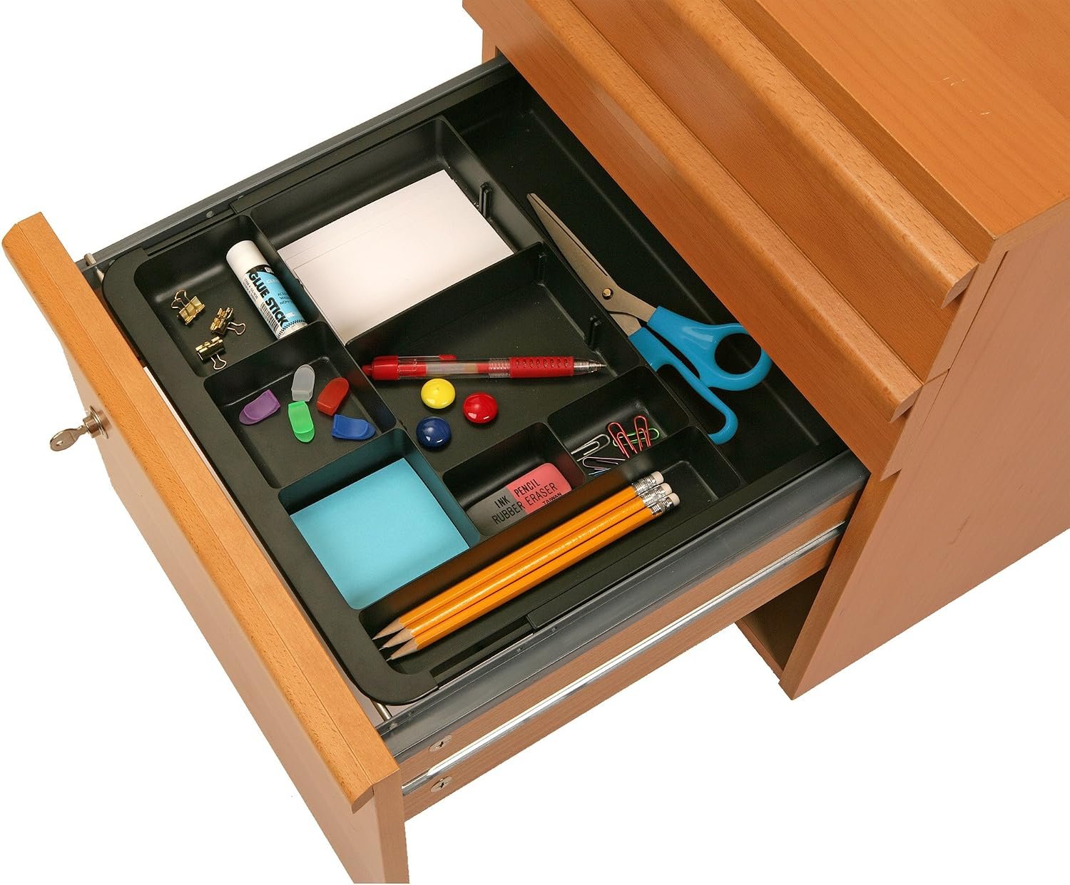 Officemate Expandable Drawer Organizer Tray, Adjustable 10.3″–16″ Width, Customizable Compartments with Dividers, Recycled Plastic, Black