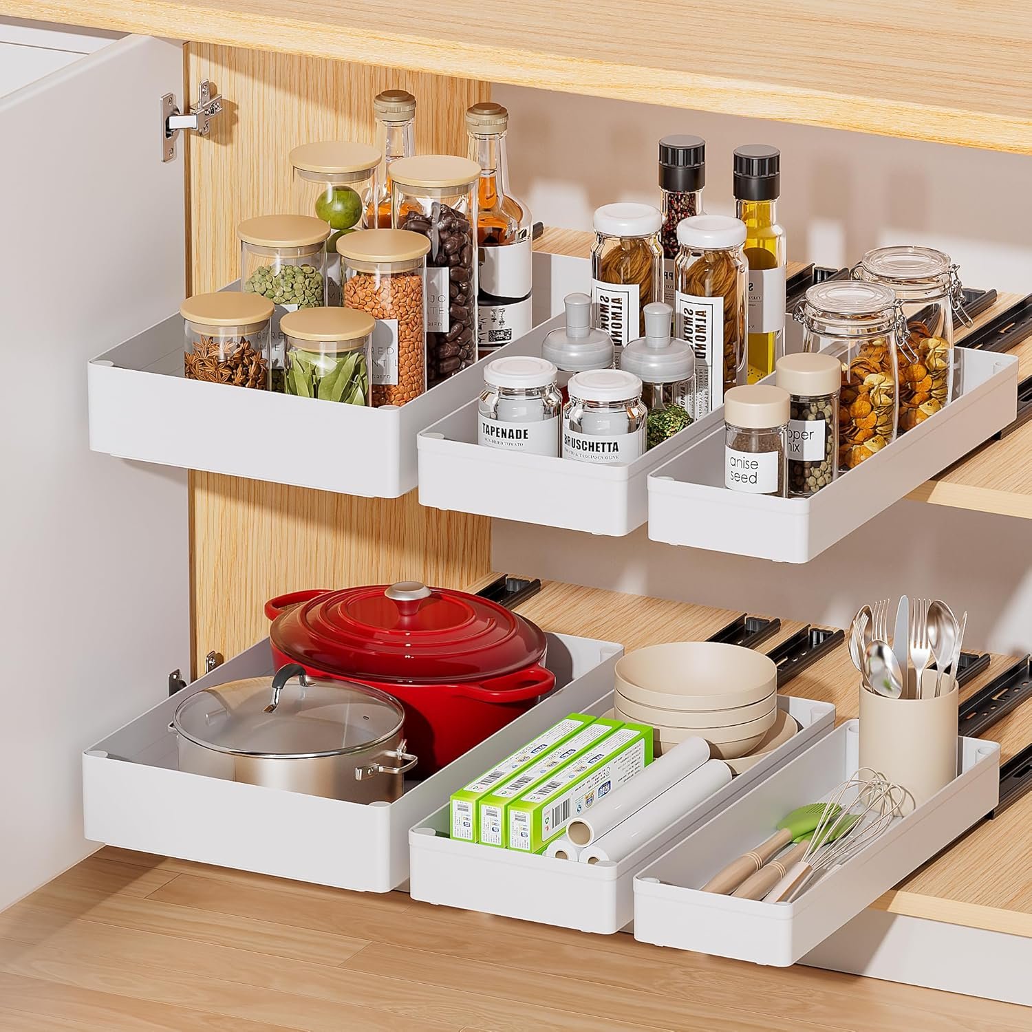 Delamu 3 Pack Pull Out Cabinet Organizer, 15.7″Deep Pull Out Drawers for Cabinets, Slide Out Drawers for Kitchen Cabinets, Bathroom Cabinet Organizer, Pantry (White)