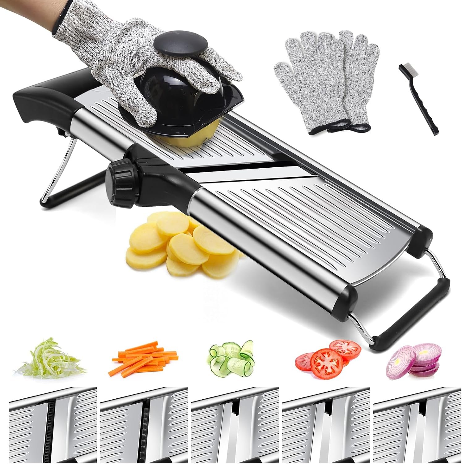 Mandoline Slicer for Kitchen, Stainless Steel adjustable Mandoline slicer | Non-Slip Mandolin with 4 Blades,Vegetable & Fruit Slicer for Potato,Tomato,onion,cucumber,with Cut-Resistant Gloves,Brush