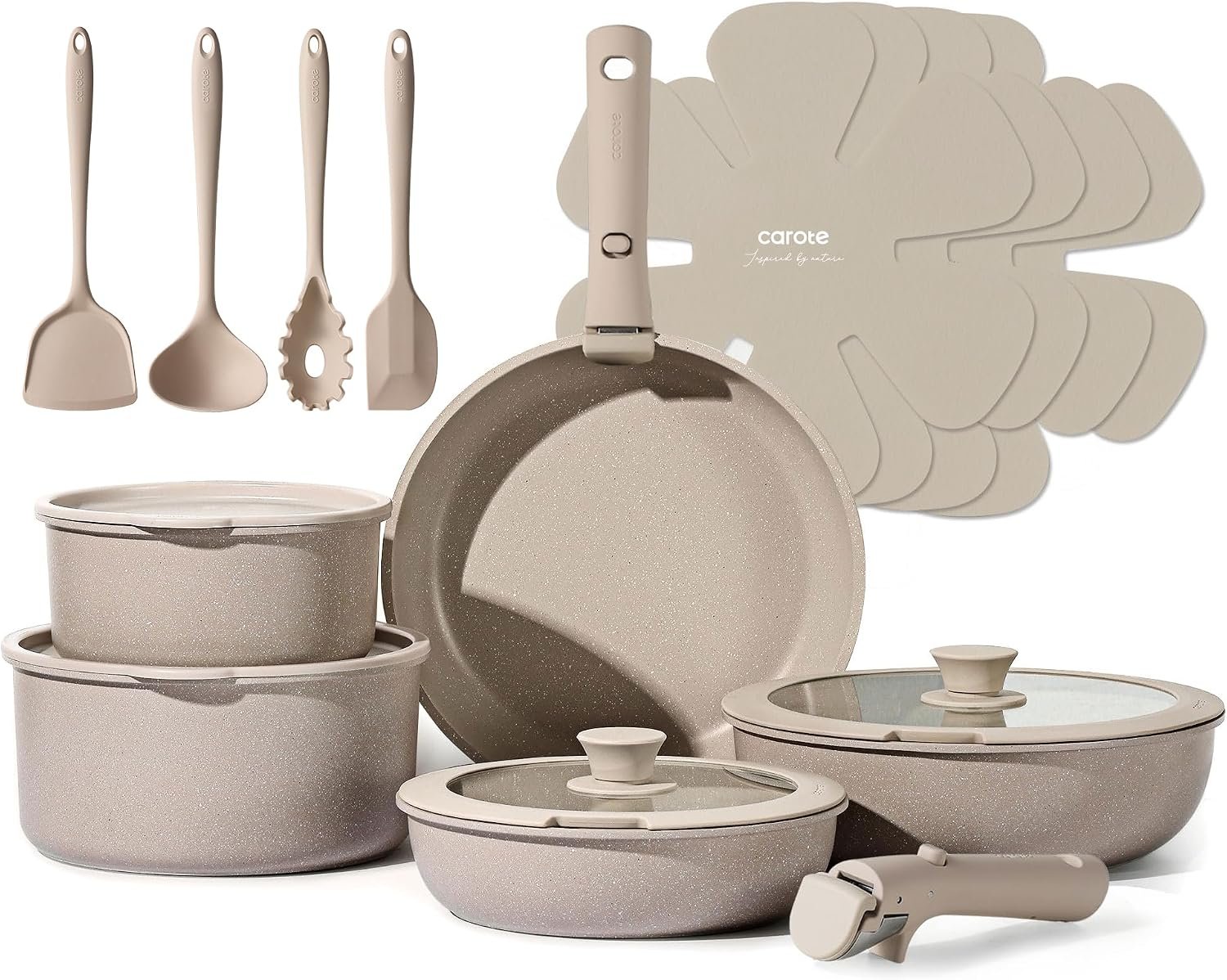 CAROTE 19pcs Pots and Pans Set Non Stick, Detachable Handle Cookware Sets | Ultra Nonstick, Space Saving, Dishwasher & Oven Safe, Non-Toxic Kitchen/Apartment/Camping/RV/ Traveling, Taupe