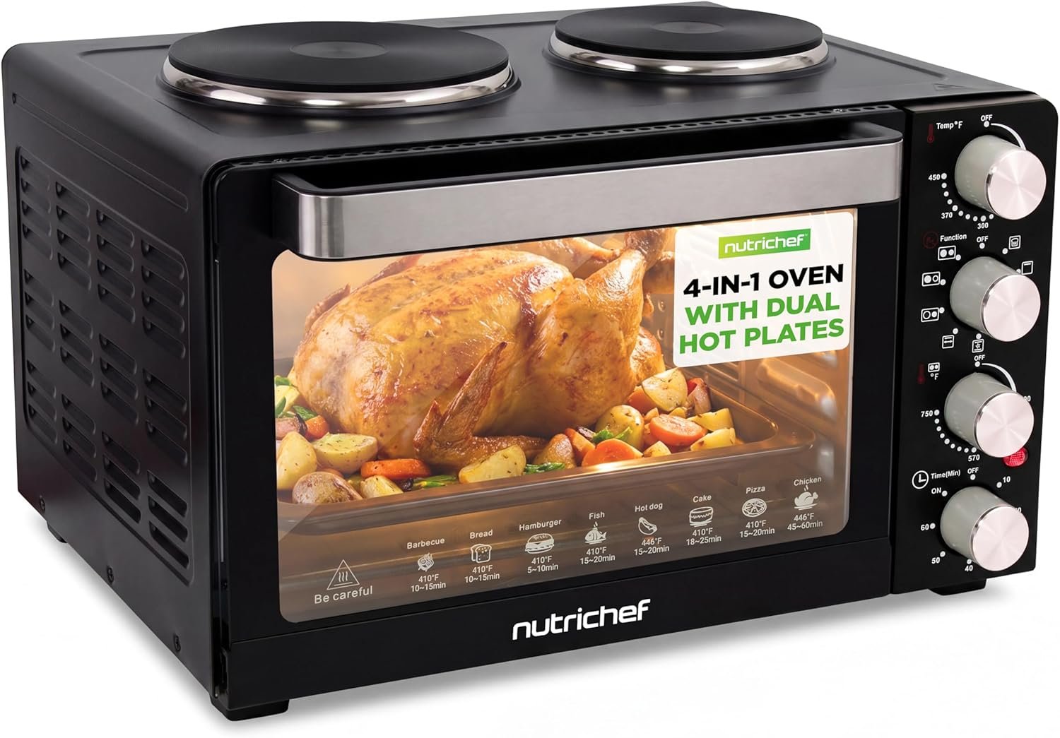 NutriChef 30 Quart Kitchen Convection Oven & 2 Burner Cooker – 1500 Watt Oven – 7 Cook Functions Rotisserie, Cook, Bake, Broil & More – Includes Baking Tray, Skewers & Handles – 19.6 x 16.0 x 13.5 IN