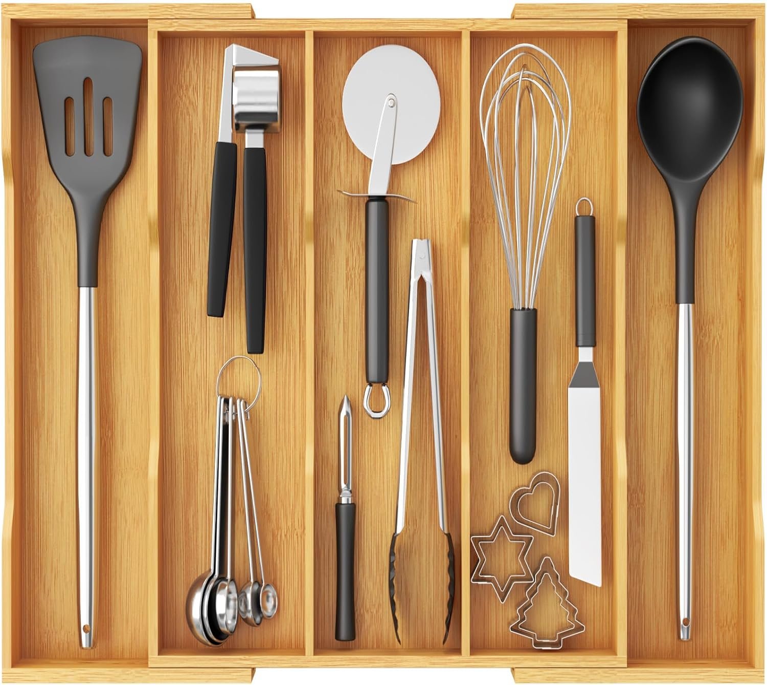 Lifewit Utensil Organizer for Kitchen Drawer, Expandable Cooking Utensil Tray, Cutlery Silverware Flatware Holder, Wood Adjustable Spatula Tools Storage Divider, 12.6-22.8×14/ 32-58×35.6cm, Natural