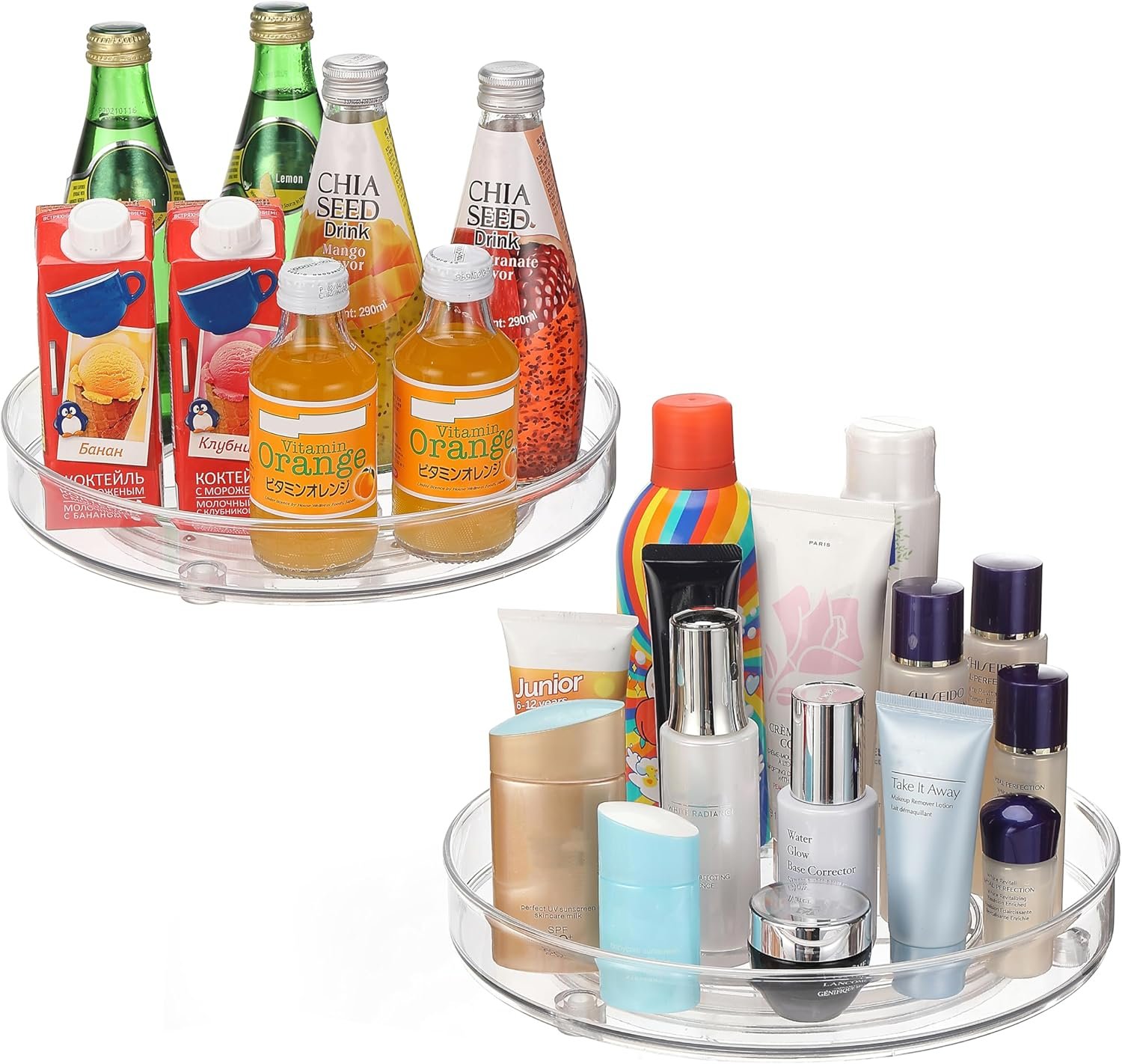 URALFA 2 Pack Lazy Susan Turntable, 10.5 Inch Spinning Cabinet Organizer | Clear Acrylic Rotating Round Lazy Susan, Plastic Spice Rack Storage for Fridge Refrigerator, Pantry, Countertop