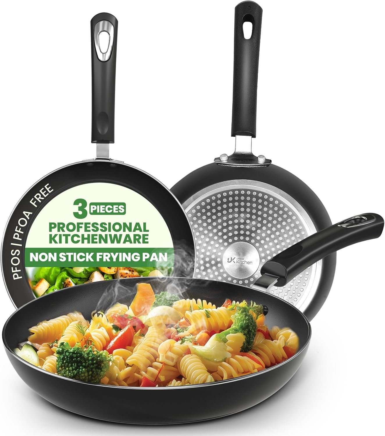 Utopia Kitchen Nonstick Frying Pan Set 3 Piece 8 9.5 11 Inch PFOA Free Grey | Omelette Pan, 3 Piece Skillet Set, Induction Bottom, Cookware, Heat Resistant, Bakelite Handle, Kitchen Use