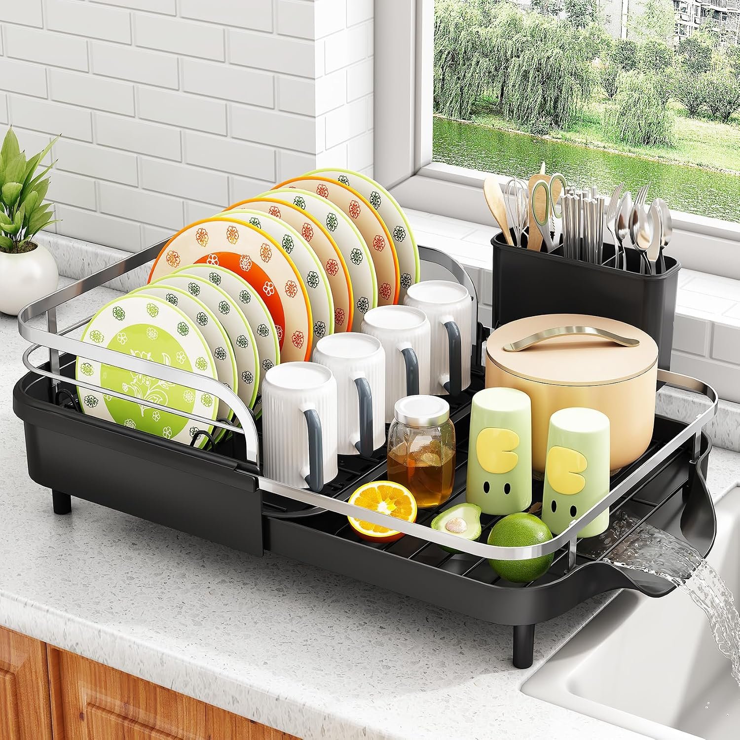 SAYZH Expandable Dish Drying Rack for Small Kitchen Counter, Black | Stainless Steel, Protective Guardrail, Angled Drainboard, Fits High-Rim Sinks, Removable Utensil Holder