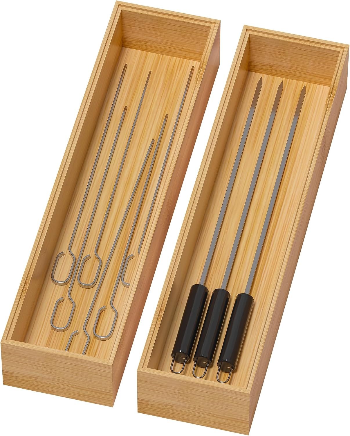 Lixple Bamboo Drawer Organizer, Narrow Stackable Cutlery Tray for Kitchen, 2 Pcs Silverware & Utensil Box, 12″ x 3″ x 2″ (Outer), 11.3″ x 2.3″ x 1.77″ (Inner)