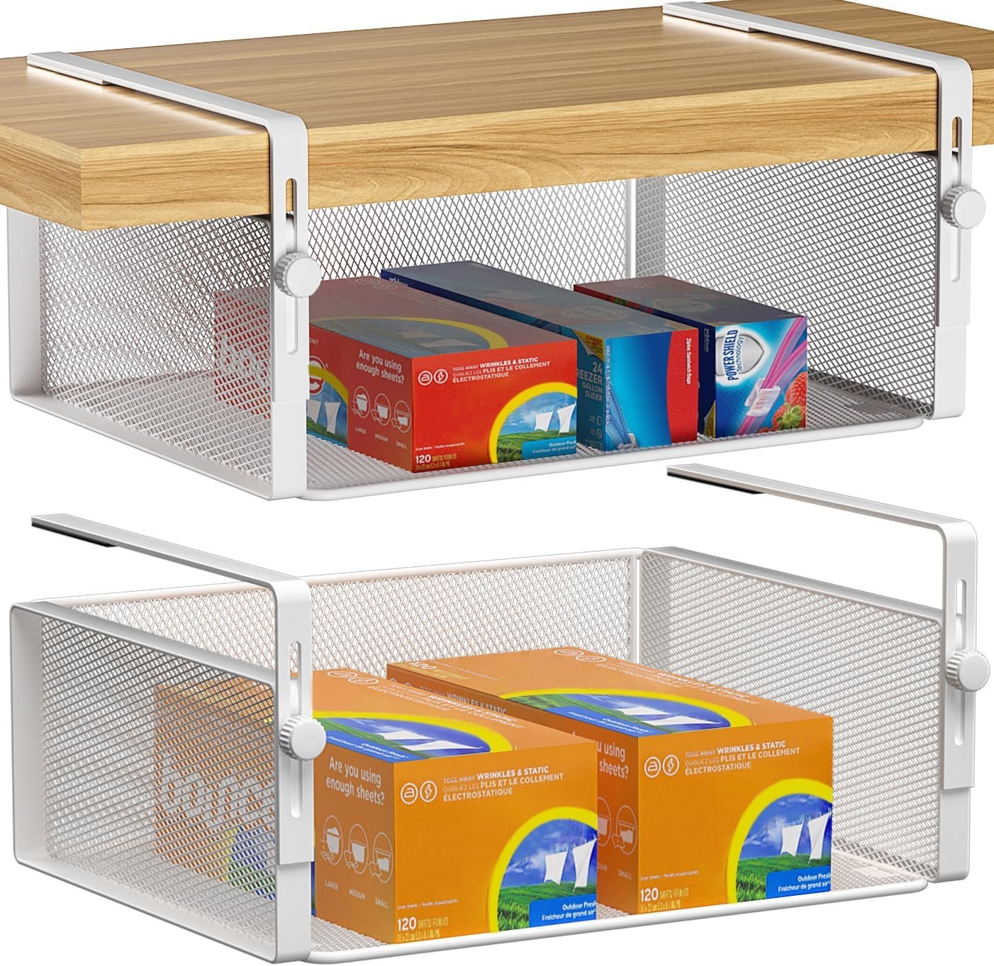 AmonHouseware 2Pack Under Shelf Basket,Adjustable Hanging Holder,White | Under Cabinet Shelf Add-on, Slide-in Baskets,Storage for Laundry Room Kitchen Pantry Desk Bookshelf Counter Cupboard