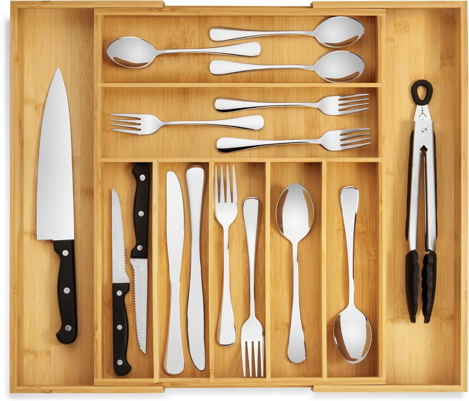 Purawood Bamboo Drawer Organizer – Expandable Silverware Organizer & Utensil Drawer Organizer, Cutlery Tray with Dividers, 7-9 Slots- Kitchen Organizer for Utensils & Flatware (Natural)