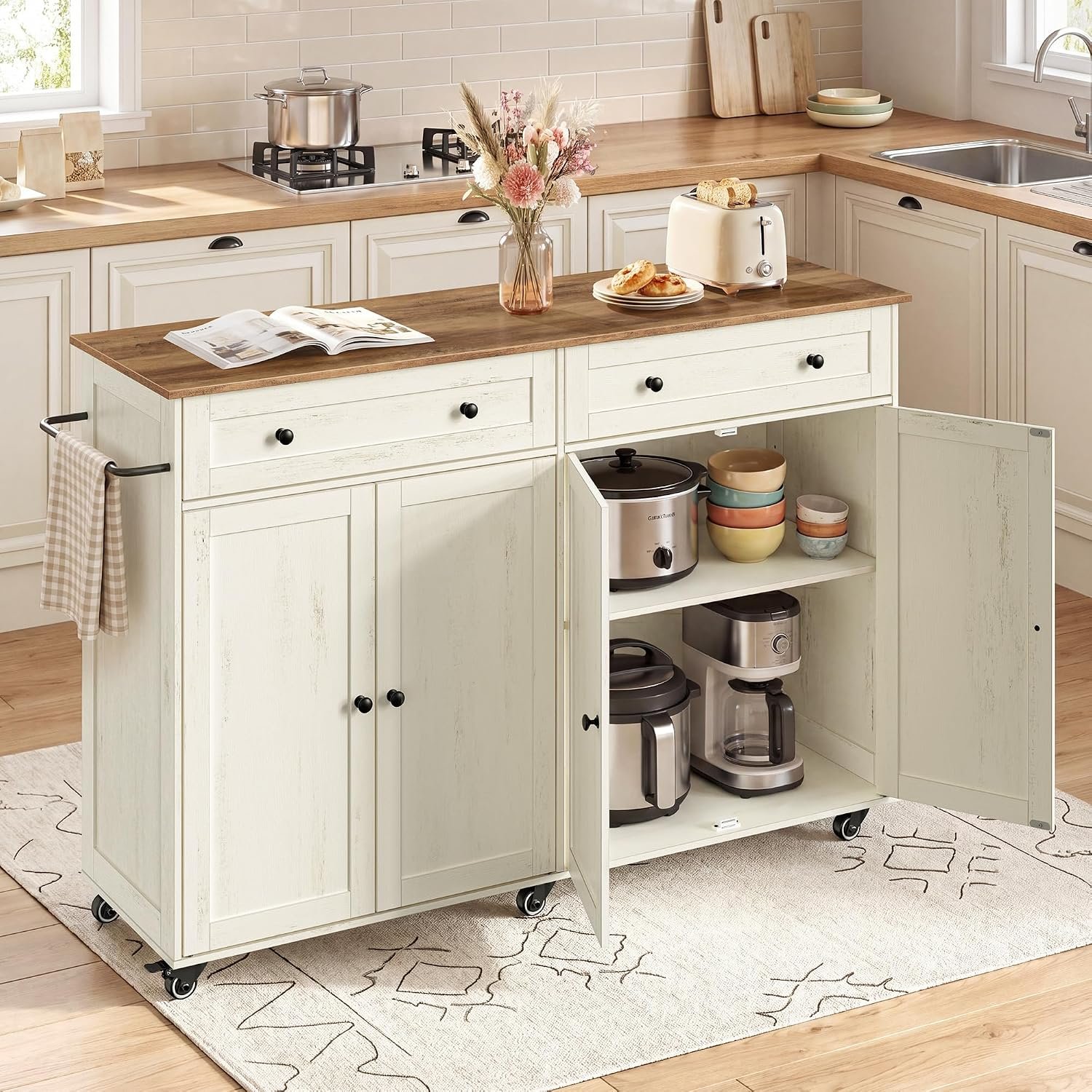 VASAGLE Mobile Kitchen Island, Portable Island on Wheels, Mobile Cart with Storage Cabinet for Dinning Room, 15.8 x 53.7 x 35.1 Inches, Rustic White and Honey Brown UKKI016WJ01S