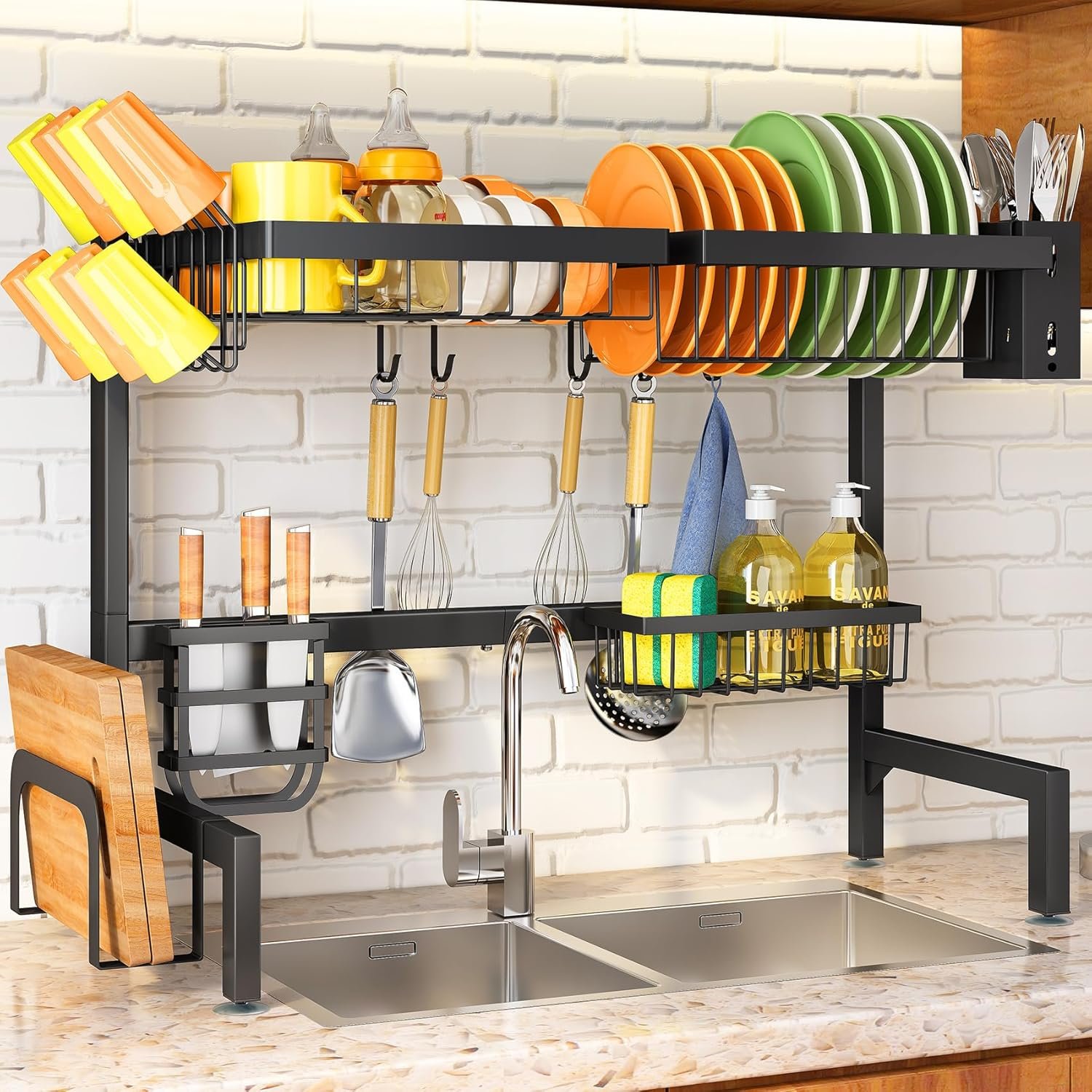 SNTD Over The Sink Large Dish Drying Rack, Metal, 26.8″-34.6″, Black | Adjustable Length, Rust-Resistant, Utensil Holder, Cup Holder, Cutting Board Holder, Knife Holder, Sponge Holder and Hooks