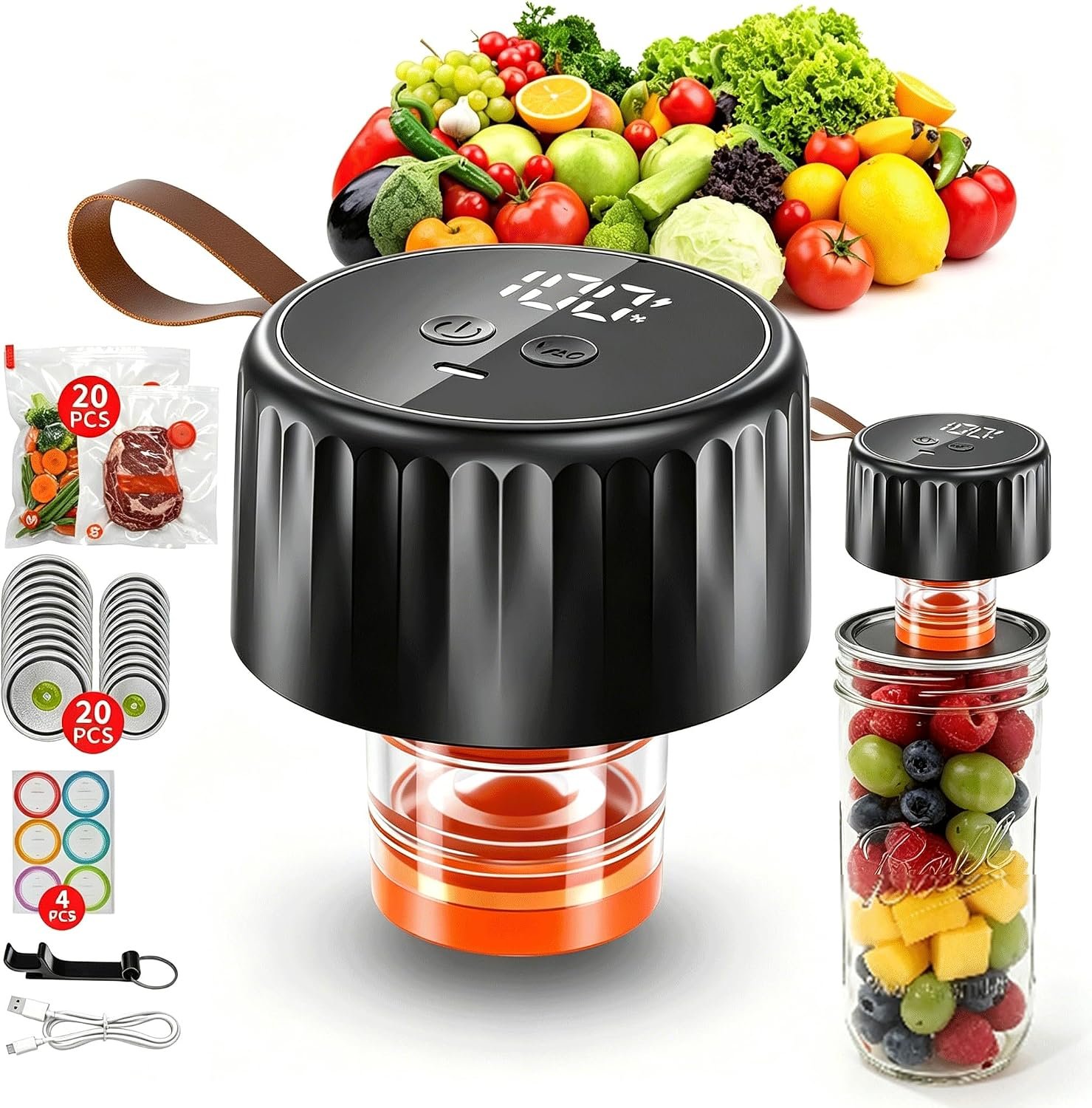 Electric Mason Jar Vacuum Sealer 65KPA Portable Display Wide Regular Jars | Visible water tank, 20 reusable lids & bags, fits wide/regular jars, wireless, auto+manual modes, 30s safety stop, eco
