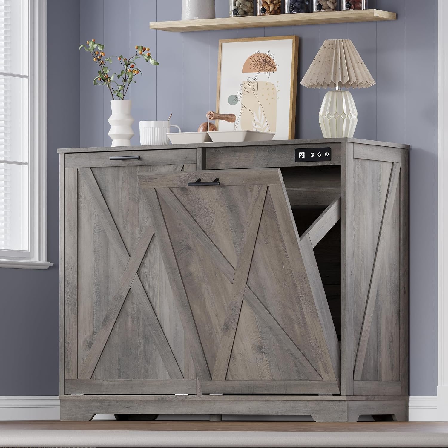 BORNOON Tilt Out Trash Can Cabinet for 2 Bins, Hidden Recycle Garbage Bin Enclosure, Wooden Double Laundry Cabinet with Odor Control, Negative Ion & Ozone, for Kitchen, Bathroom, Laundry Room
