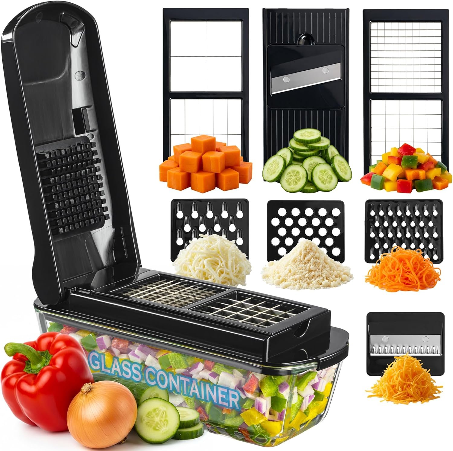 Le’raze 13-in-1 Vegetable Chopper Pro with Glass Container, Stainless Steel Blades, BPA-Free, Mandoline Slicer, Manual