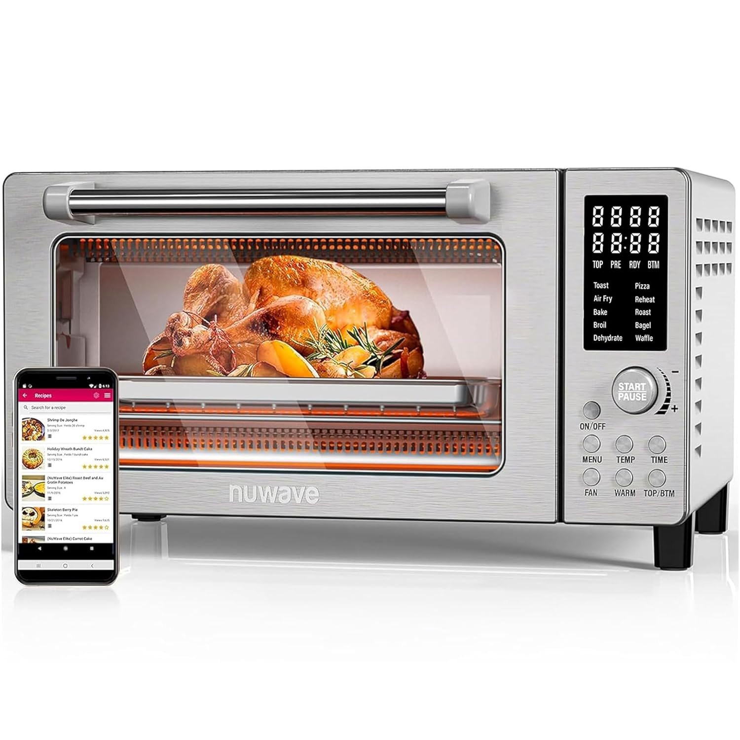 Nuwave Bravo Air Fryer Toaster Countertop Convection Oven Combo | 1800 Watts, 21-Qt Capacity, 50°-450°F Temp Controls, Top and Bottom Heater Adjustments 0%-100%, PFAS Free, Stainless Steel
