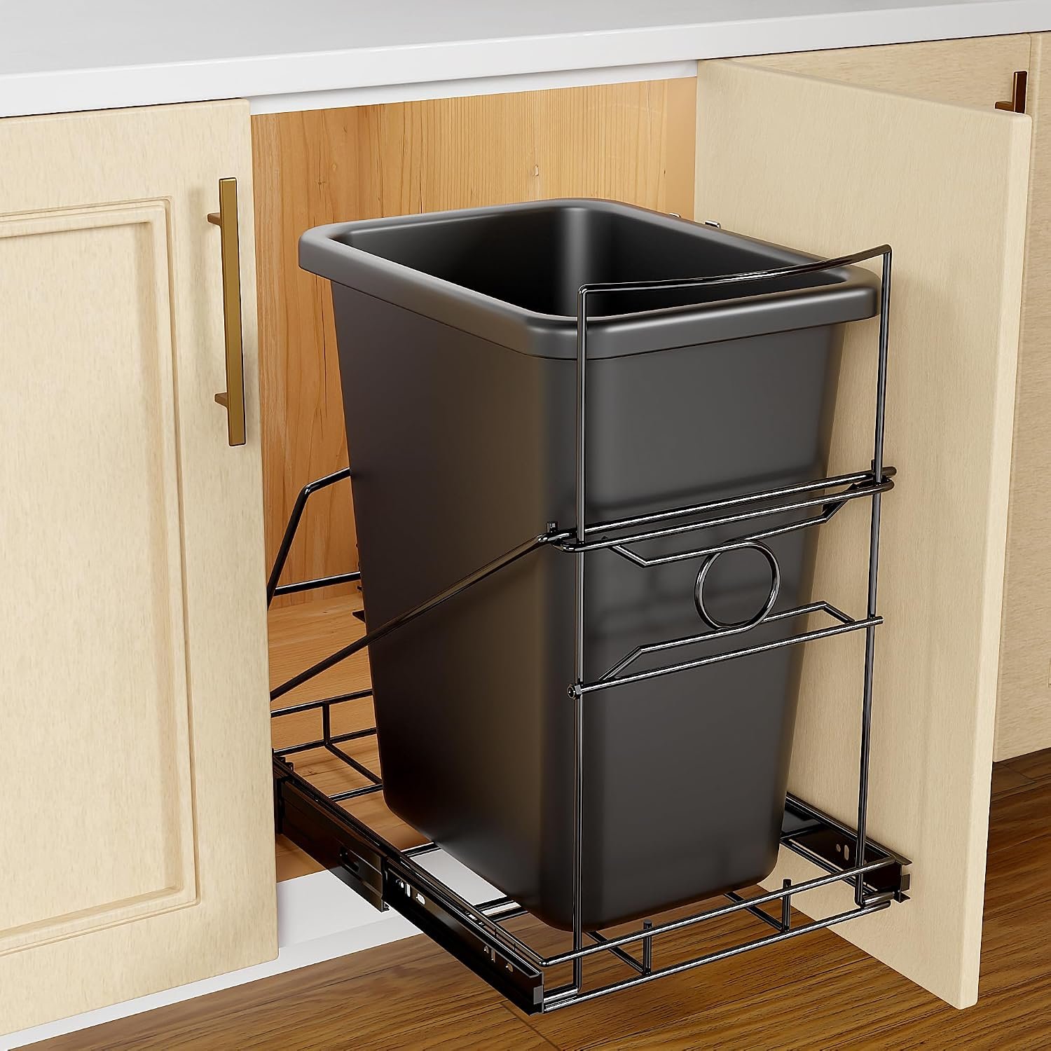 Trash Can Pull Out for Kitchen Cabinet, Black | Upgraded Under Sink Slide Out Holder Fits Most 7 to 11 Gallon Bins, Requires 12.5″W x 17.3″D x 17.5″H, Bin Not Included