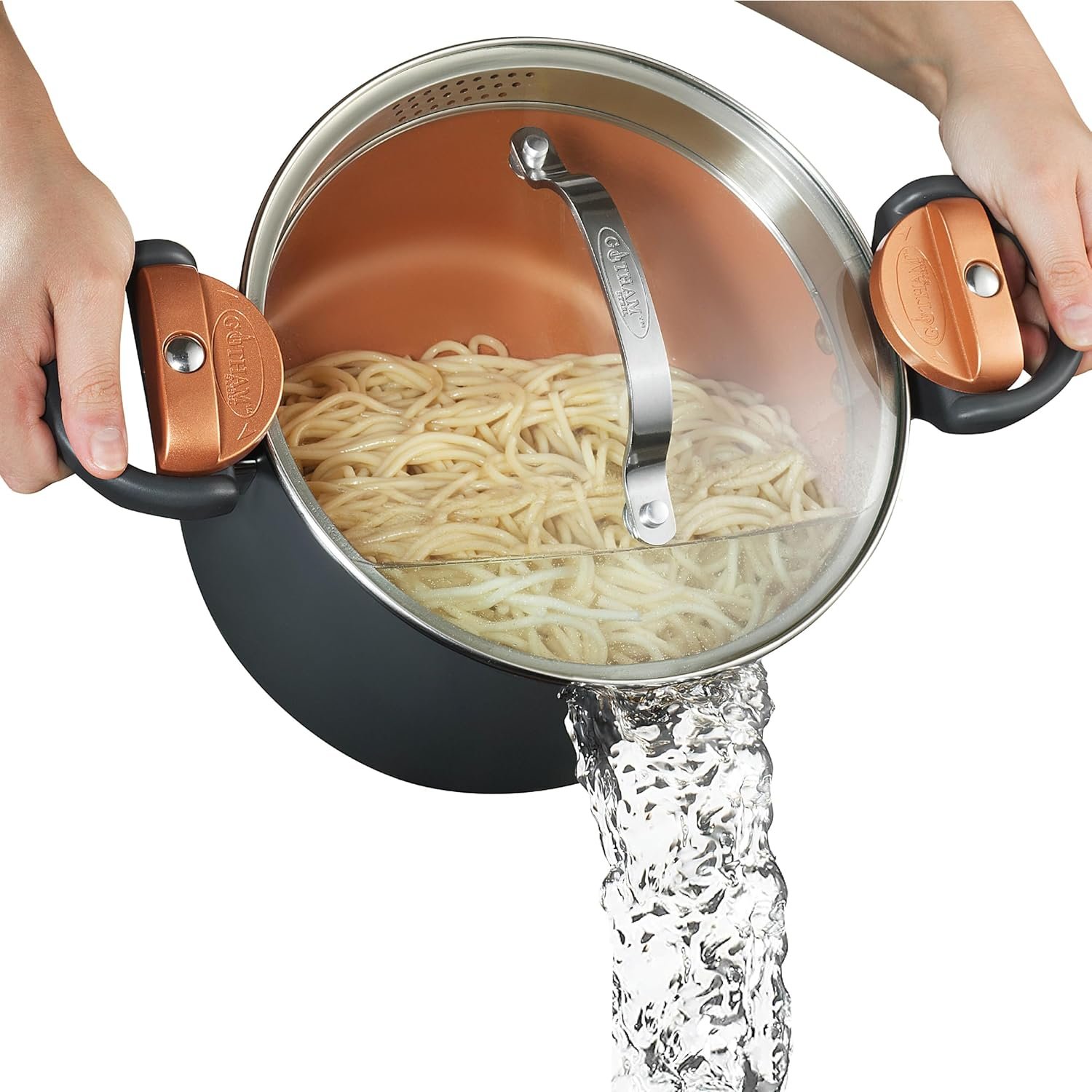 Gotham Steel 5 Quart Stock Pot Multipurpose Pasta Pot with Strainer Lid & Twist and Lock Handles, Nonstick Ceramic Surface Makes for Effortless Cleanup with Tempered Glass Lid, Dishwasher Safe | Twist and Lock Handles, Non Toxic Ceramic Non Stick Coating, for Cooking Soup, Spaghetti, Rice, Dishwasher Safe – Copper