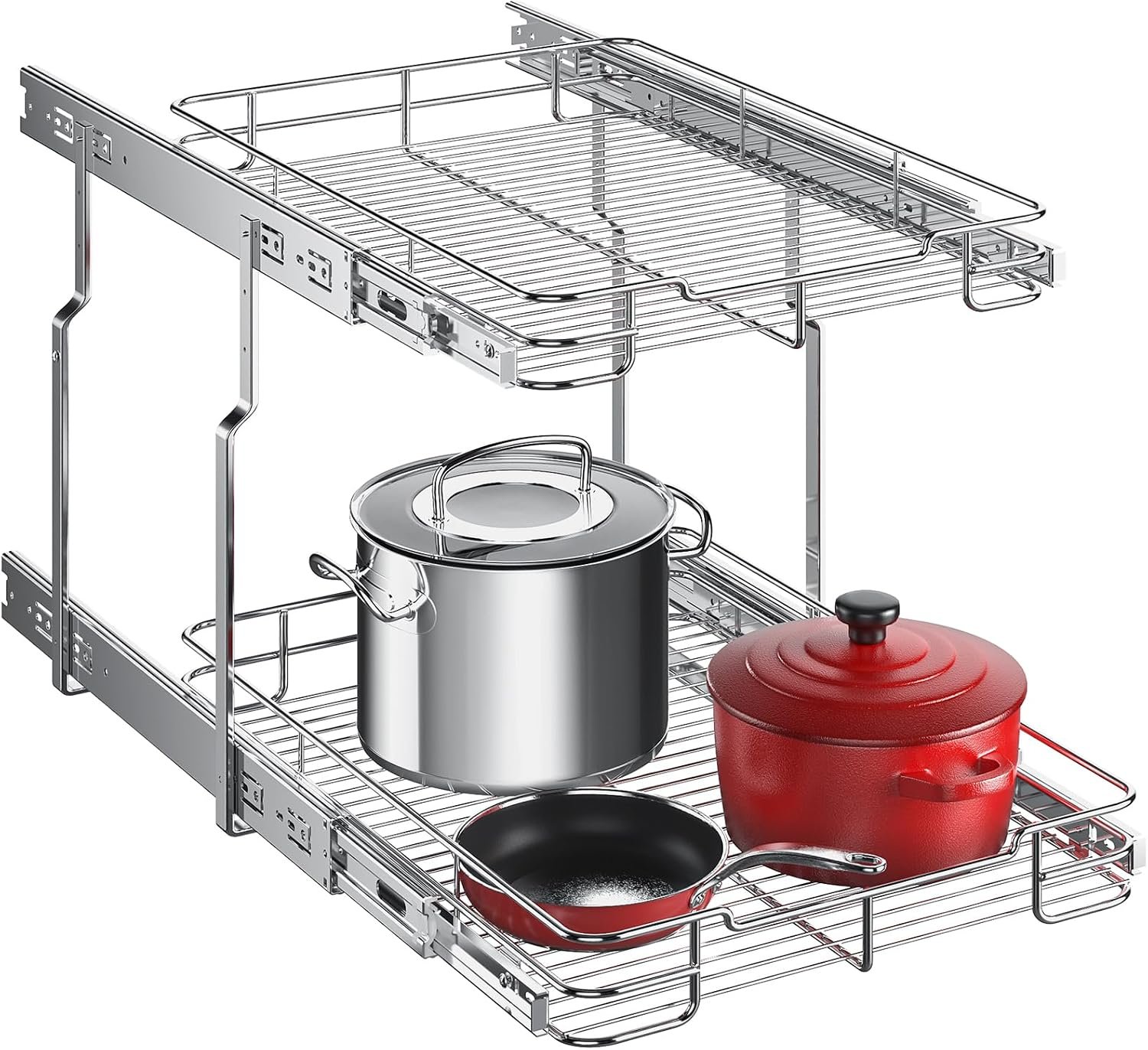Delamu Pull Out Cabinet Organizer 2-Tier 14″ W x 21″ D Heavy Duty Chrome-Plated Slide Out Drawers, Kitchen Drawer Organizer Pull Out Shelves for Pots & Pans, Home Pantry Cans & Spices, Silver