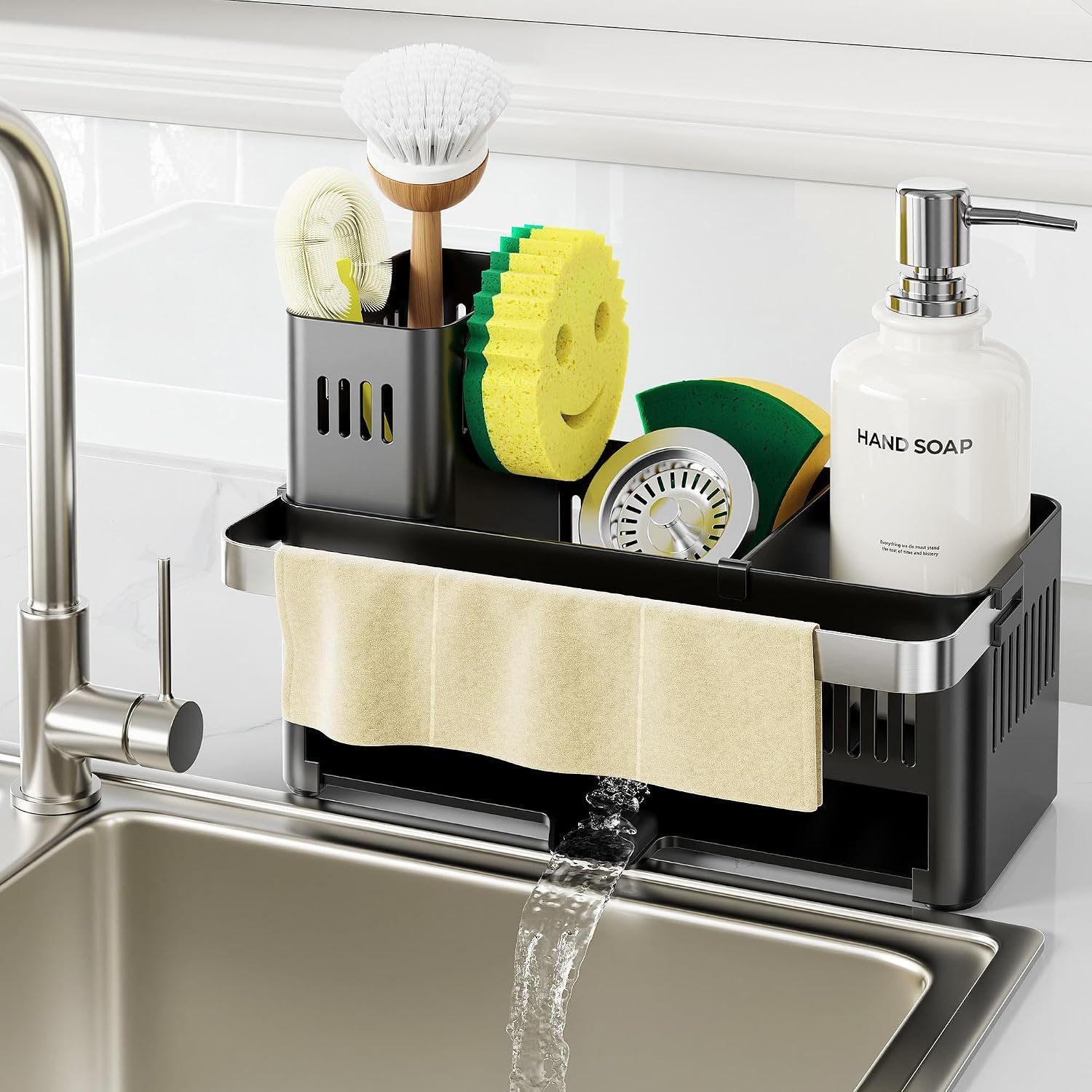 Nieifi Sponge Holder, Black Rustproof ABS Sink Caddy with Towel Rack | Smiley Sponge and Brush Holders with Drainage to Keep Items Dry. 10″W x 4.5″D. Kitchen Counter Organizer & Essential Storage.