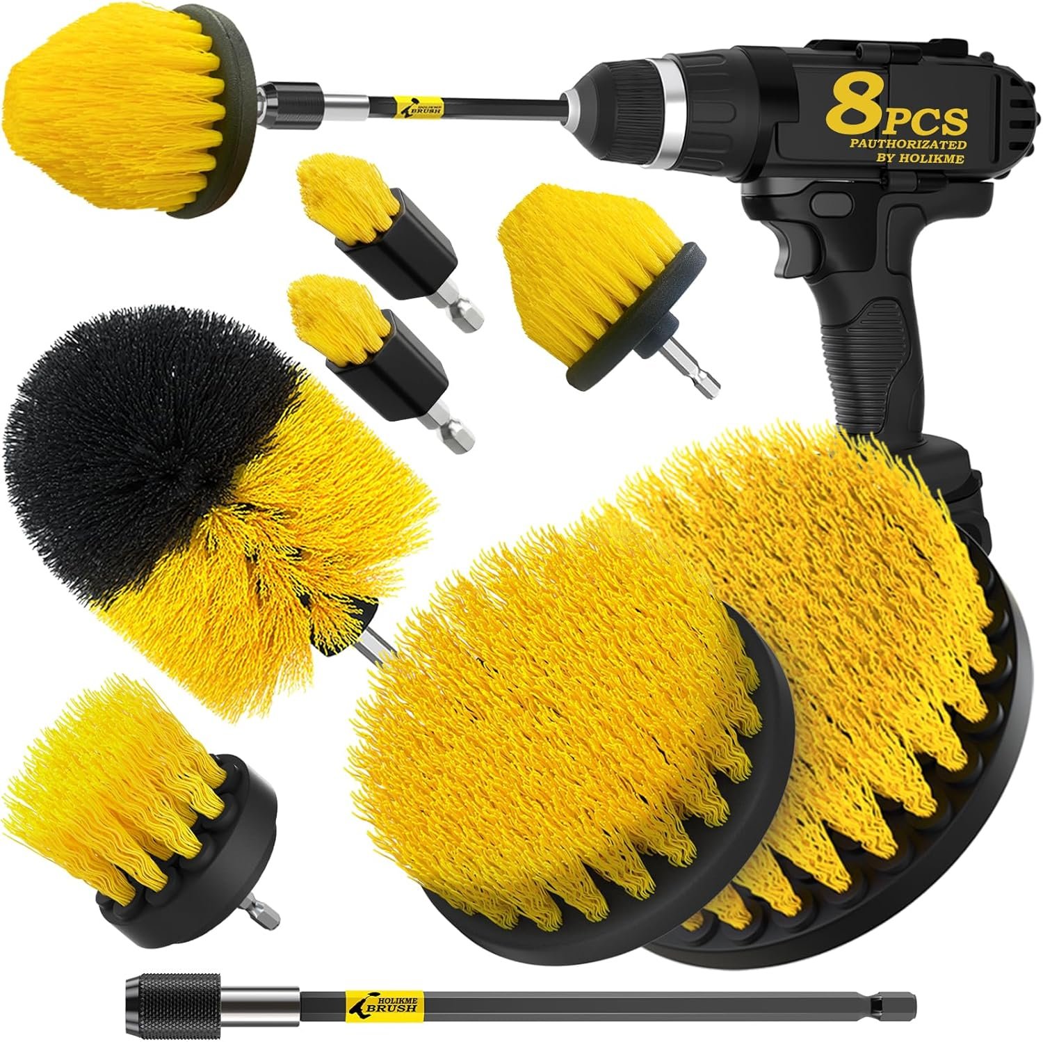 Holikme 8Piece Drill Brush Attachment Set – Power Scrubber Cleaning Kit | Nylon Fibers, Power Scrubber Attachments for Tile, Shower, Floors, Kitchen and Auto Interior Care, Cleaning Tools, Yellow