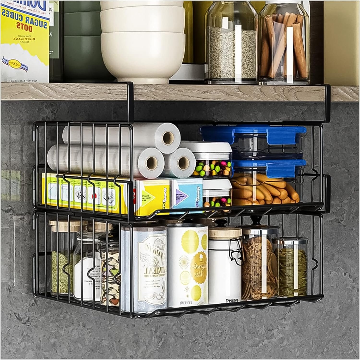 Under Shelf Basket Storage 2Pack – 11.8in Metal Under Cabinet Shelf, Hanging Wire Basket Shelves, Undershelf Storage Basket for Kitchen Pantry Bookshelf