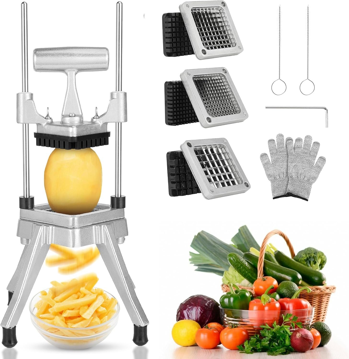 WICHEMI Commercial Vegetable Chopper Dicer Manual Food Cutter w/ 3 Blades | Commercial Vegetable Dicer, Onion Chopper, Stainless French Fry Cutter, Professional Food Chopper, For Home Or Commercial Use