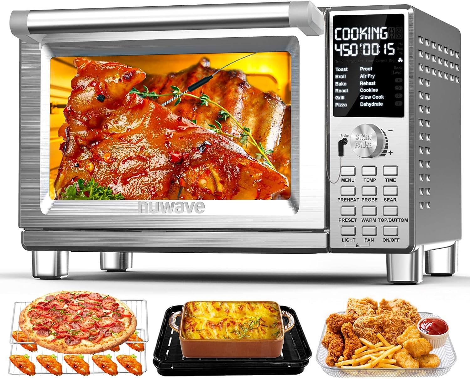 Nuwave Bravo Pro Smart Toaster Oven Countertop, True Air Fryer Combo | Improved Convection, 35% Crispier, 112 Presets, Customizable Pizza Zones, Integrated Probe, PFAS Free, 30QT, Stainless Steel
