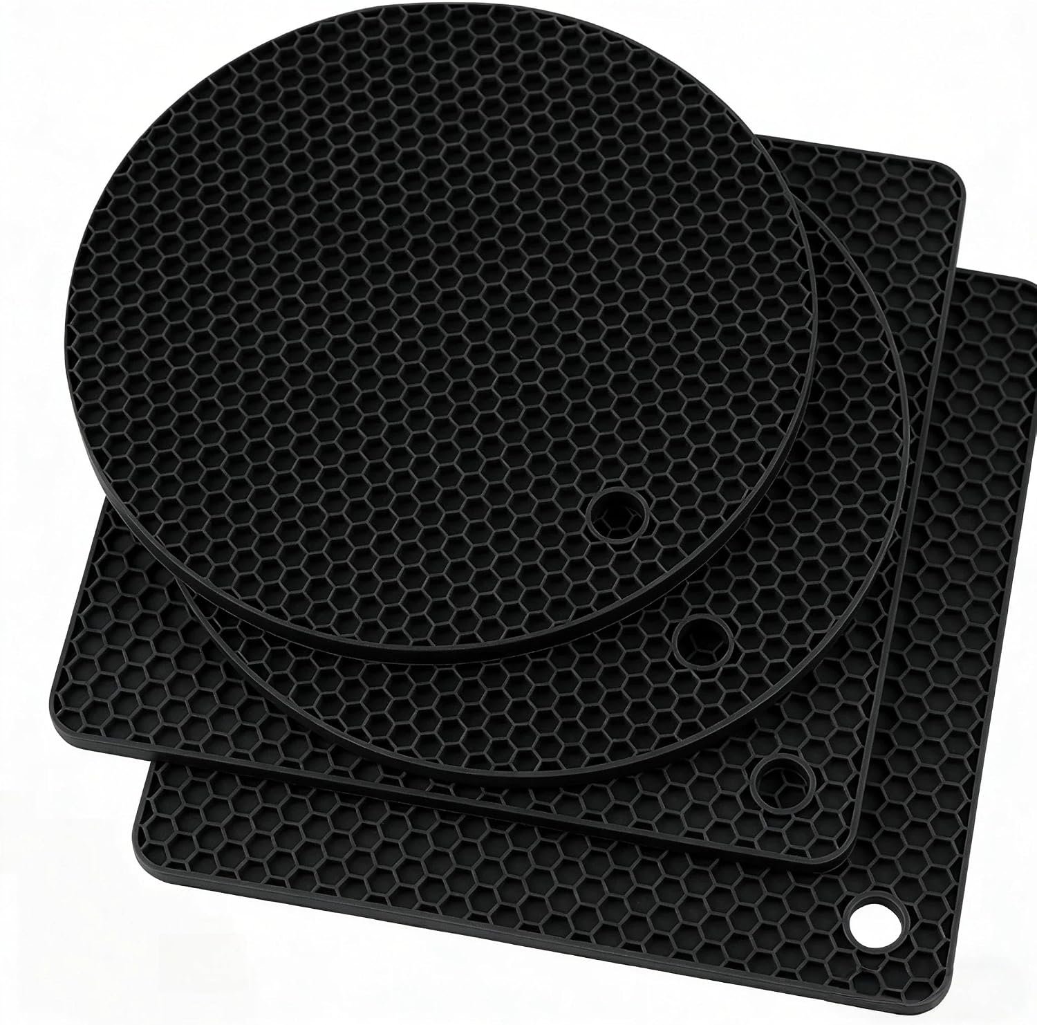 4 Pcs Silicone Trivet Mats and Hot Pads Set, Heat Resistant Kitchen Countertop Protectors, Non-Slip Flexible Mats for Pots Pans Dishes, Black (2 Round + 2 Square)