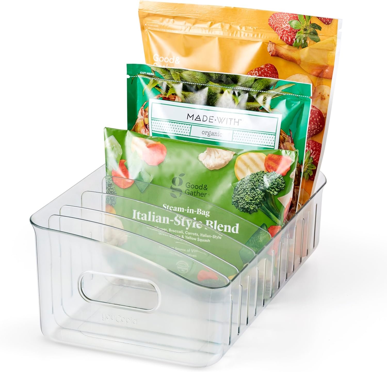 YouCopia FreezeUp Freezer Bin 15″, BPA-Free Clear Fridge Organizer with Adjustable Dividers and Handles for Frozen Food and Leftovers