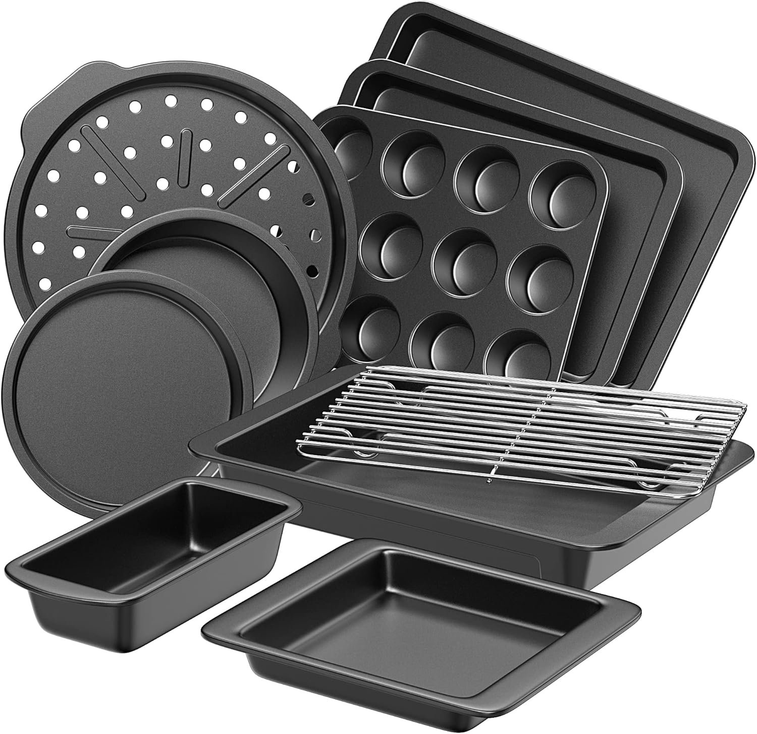 Bakeware Sets, Baking Pans Set, Nonstick Oven Pan for Kitchen with Wider Grips, 10 Pieces Including Rack, Cookie Sheet, Cake Pans, Loaf Pan, Muffin Pan, Pizza Pan – Grey