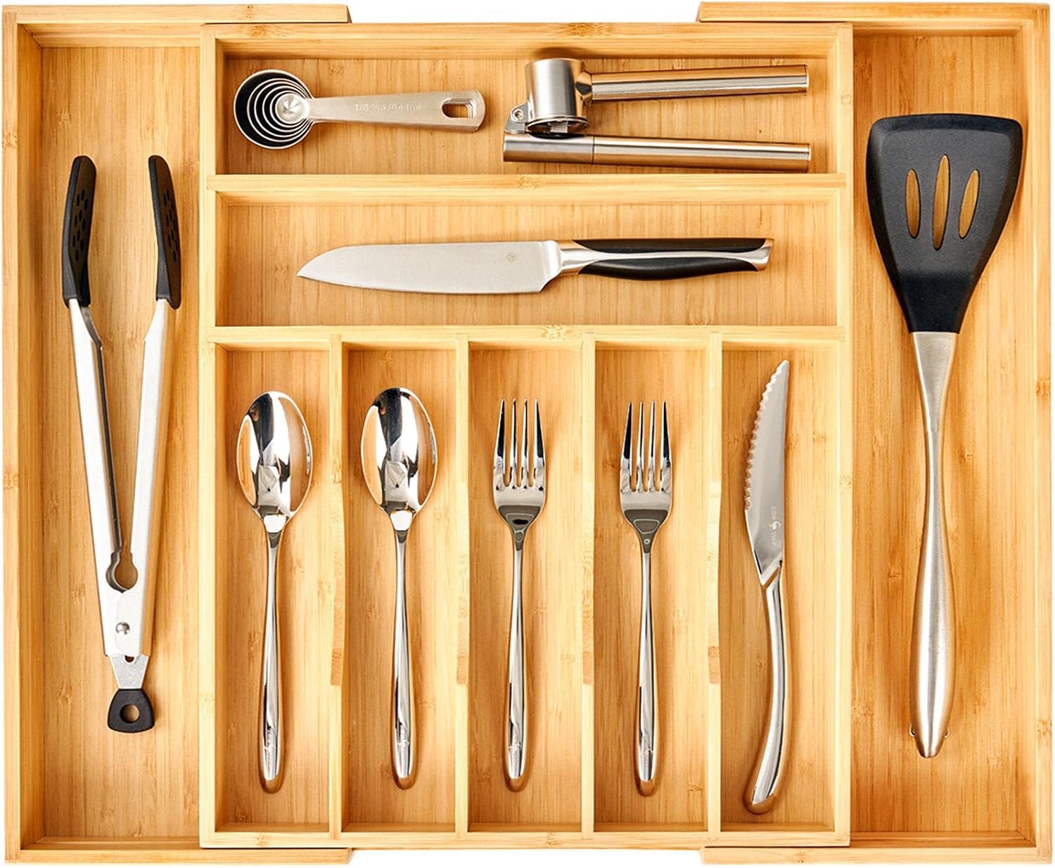 Large Expandable Kitchen Silverware Utensils Drawer Organizer, 2.5″ Extra High Adjustable Drawer Divider with Curved Grooves, Bamboo Wood Cutlery Tray Flatware Holder