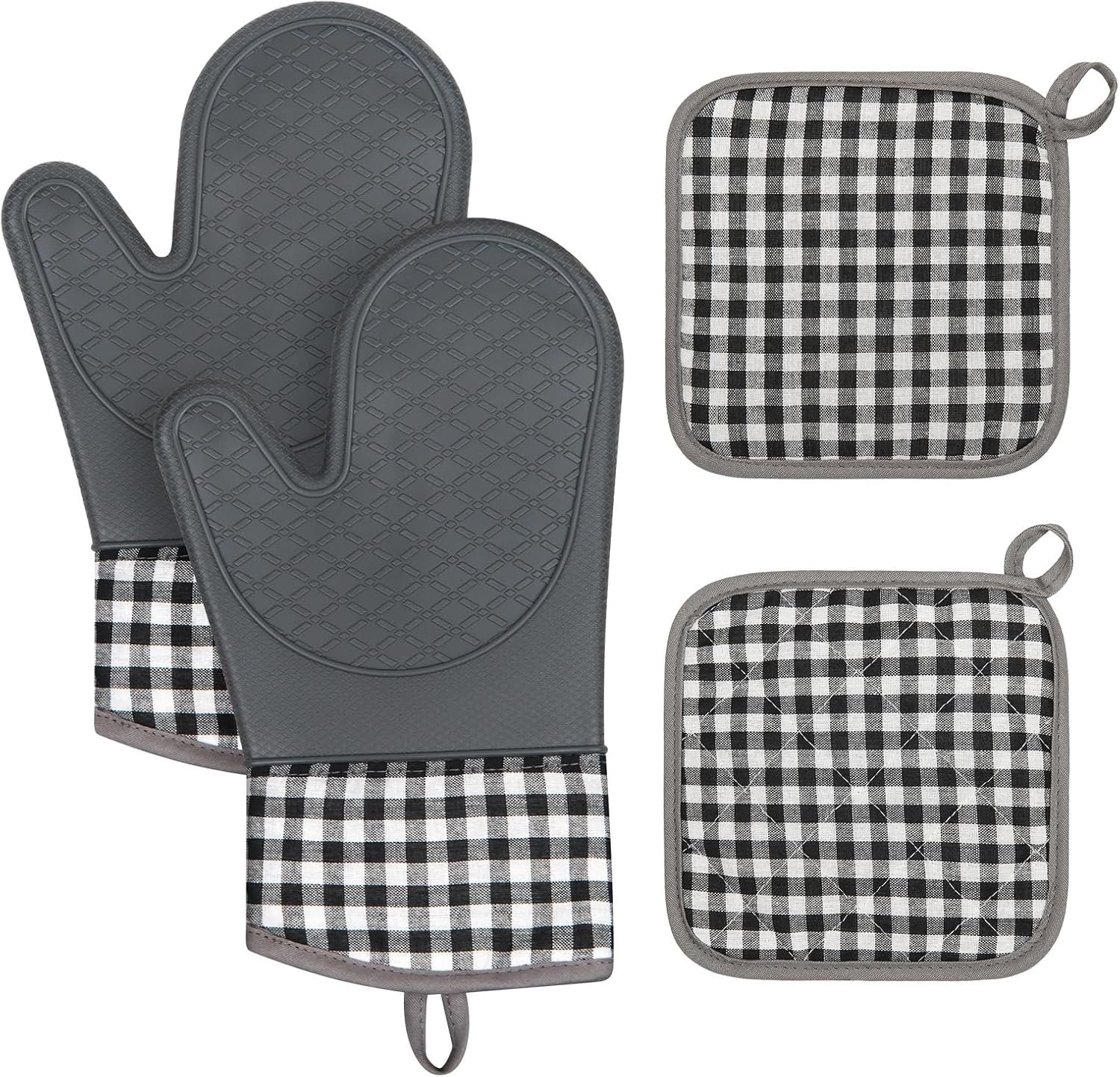 Tifanso 4PCS Heat Resistant Silicone Plaid Oven Mitts & Pot Holders, Grey | Non-Slip Grip Surface, Soft Cotton Lining, Ideal for Cooking Baking Grilling, Easy to Clean, Practical Kitchen Essential