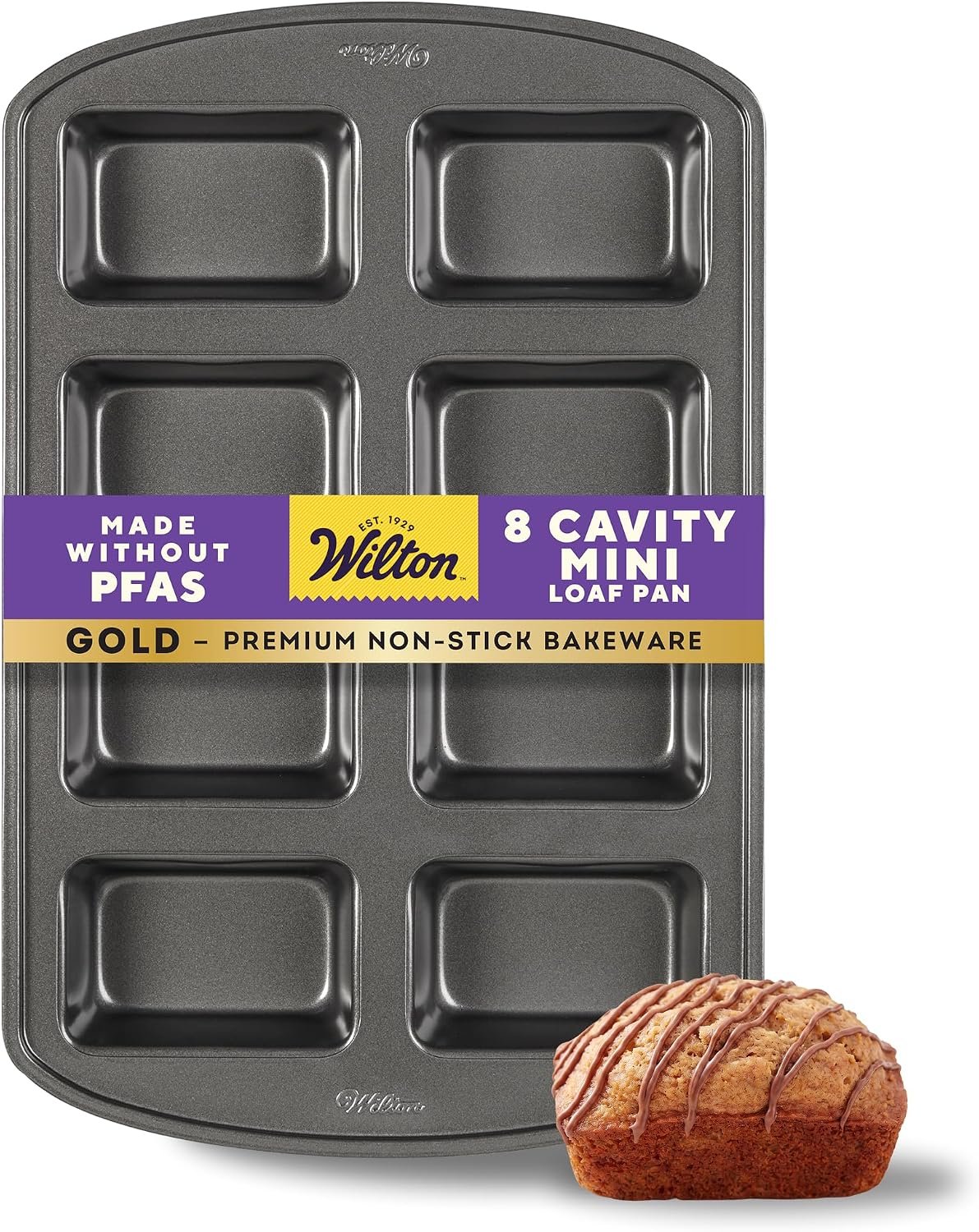 Wilton Gold Non-Stick Mini Loaf Pan, Stainless Steel, 8-Cavity | Non-Stick Steel with Scratch-Resistant Coating, Resists Warping, Dishwasher Safe, Perfect for Mini Breads & Pound Cakes
