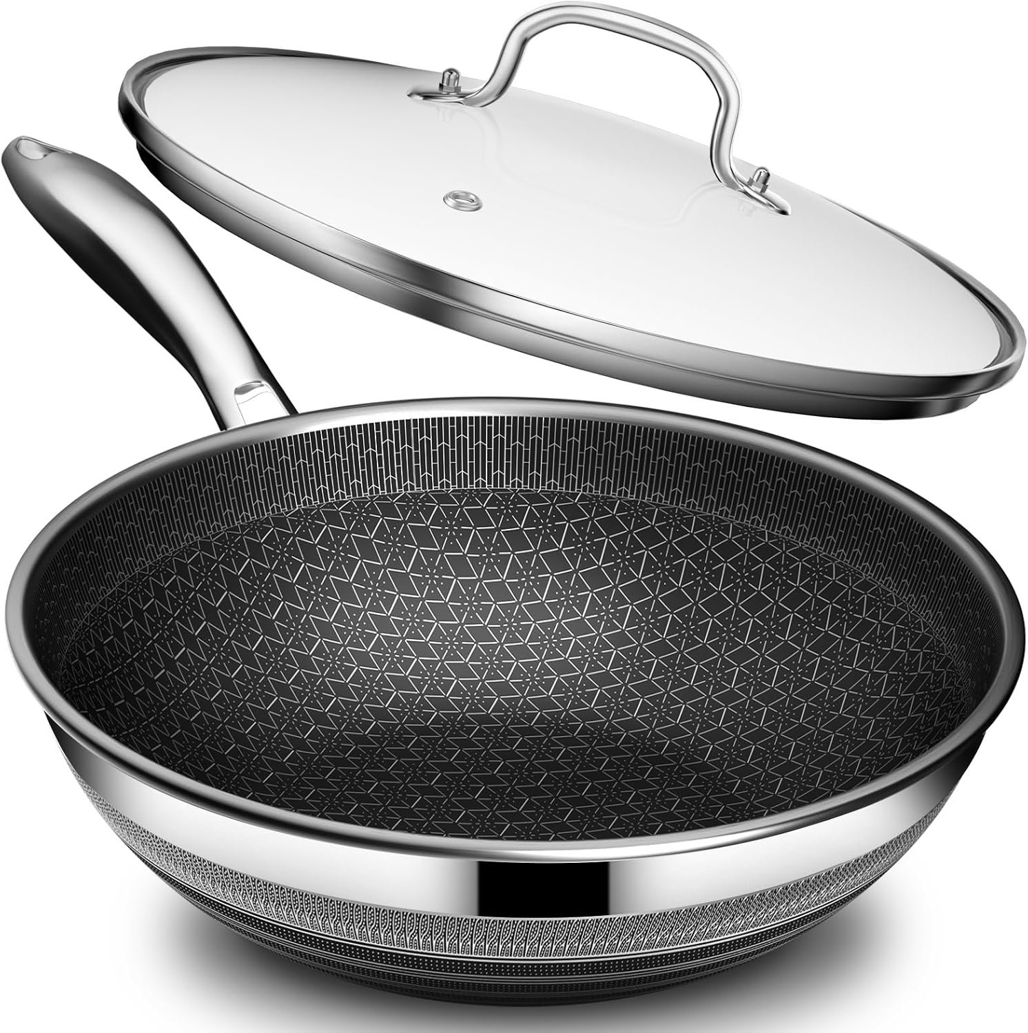Woks & Stir-fry Pans Nonstick – Hybrid 304 Stainless Steel Wok 10.8″ Non Stick Wok Pan with Lid for Induction, Electric, Gas, All Stoves, PFOA Free Cookware, Dishwasher and Oven Safe