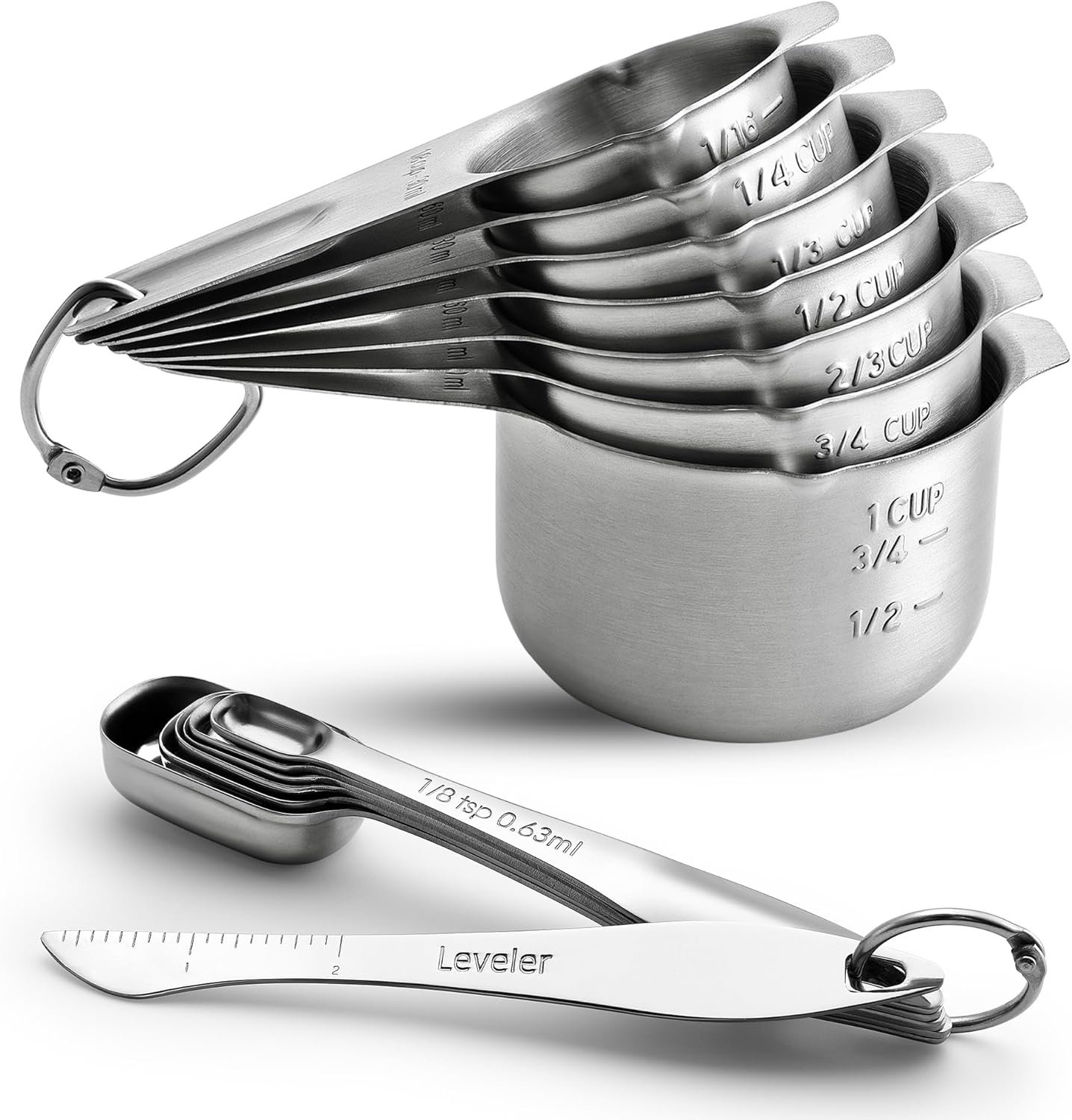 Spring Chef Stainless Steel Measuring Cups and Spoons Set of 14 w/Leveler | Nesting Metal Measuring Cups for Kitchen & Rectangular Teaspoon & Tablespoon Measuring Spoons for Dry and Liquid Ingredients