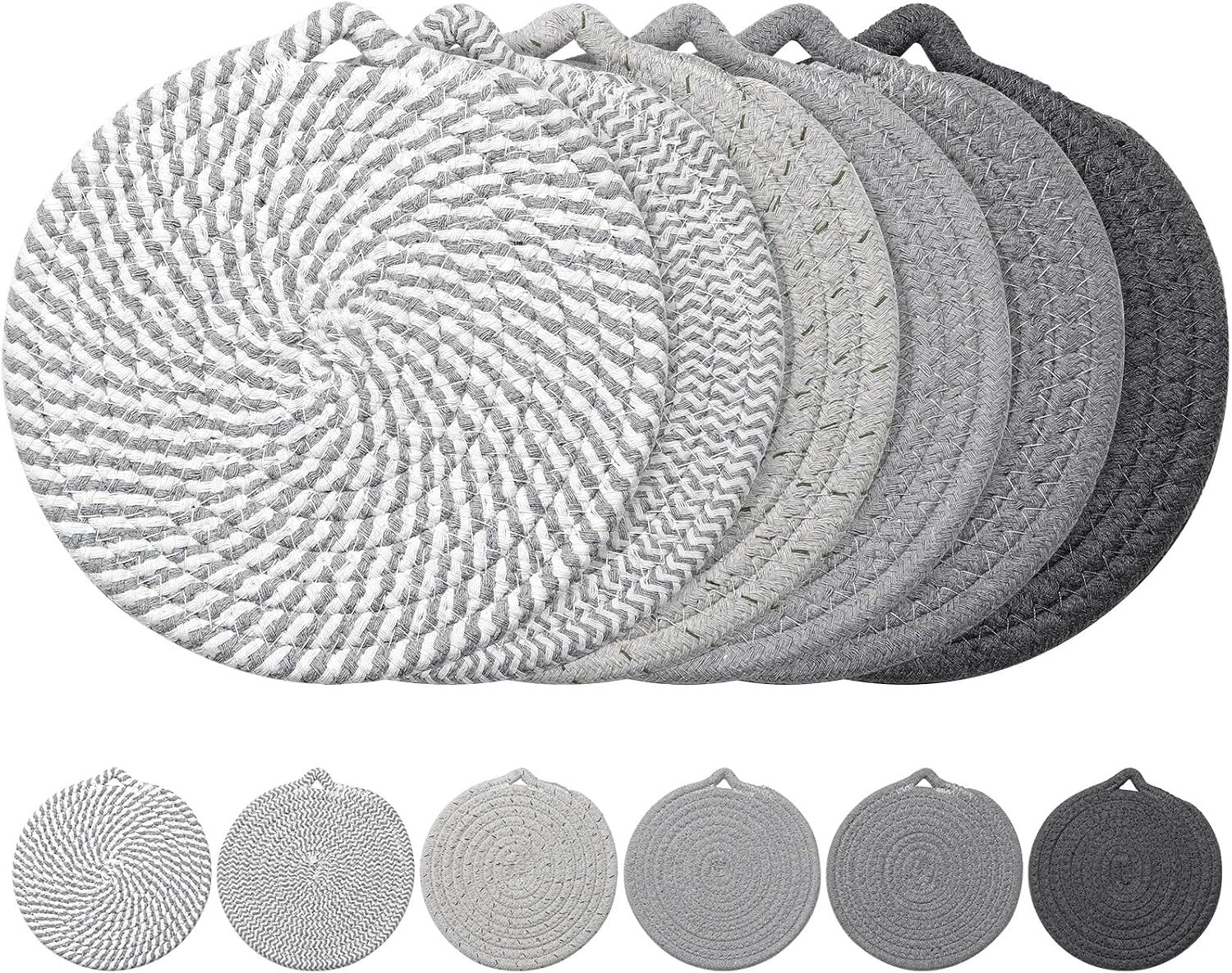 7″ Trivets for Hot Dishes, 6 Pack Trivets for Hot Pots and Pans | Cotton Hot Pads for Kitchen Counter and Countertops, Trivets for Quartz Countertops Resist heat, scratches & stains, Gray