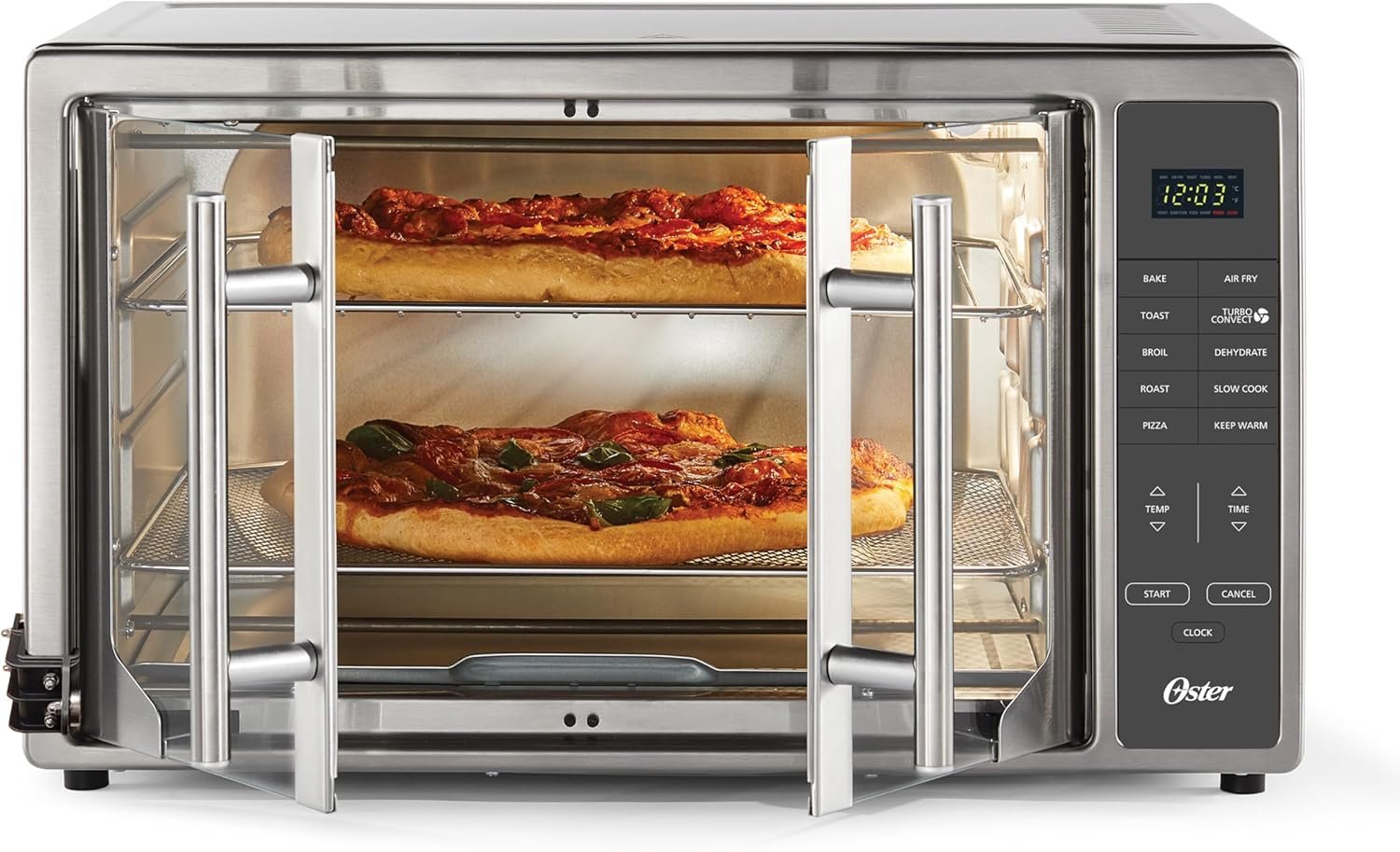 Oster Extra Large 42L French Door Countertop Toaster Oven, 10-in-1 Air Fryer Oven, with Air Fry Rack, Wire Rack, Baking Pan and Crumb Tray, Stainless Steel