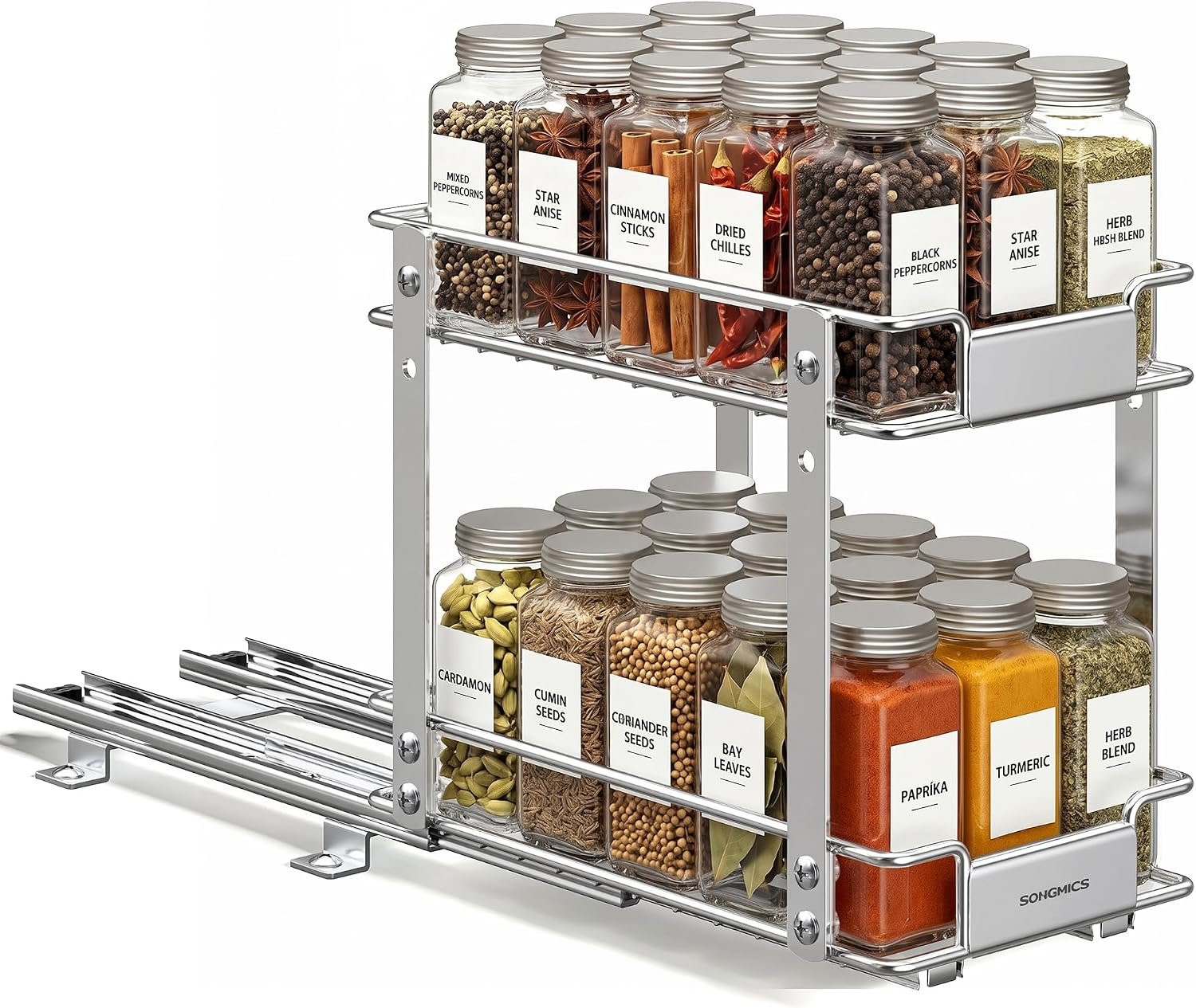 SONGMICS 2 Tier Pull Out Spice Rack for inside Cabinets, Steel | Spice Organizer, Slide Out Cabinet Organizer, for Kitchen Cabinet Storage, Silver UKCS117E101